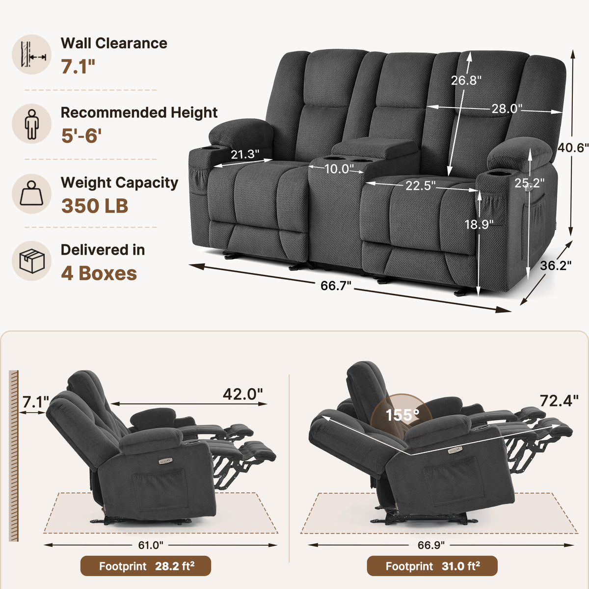 75 in Reclining Loveseat Recliner with Storage Console 6034M2
