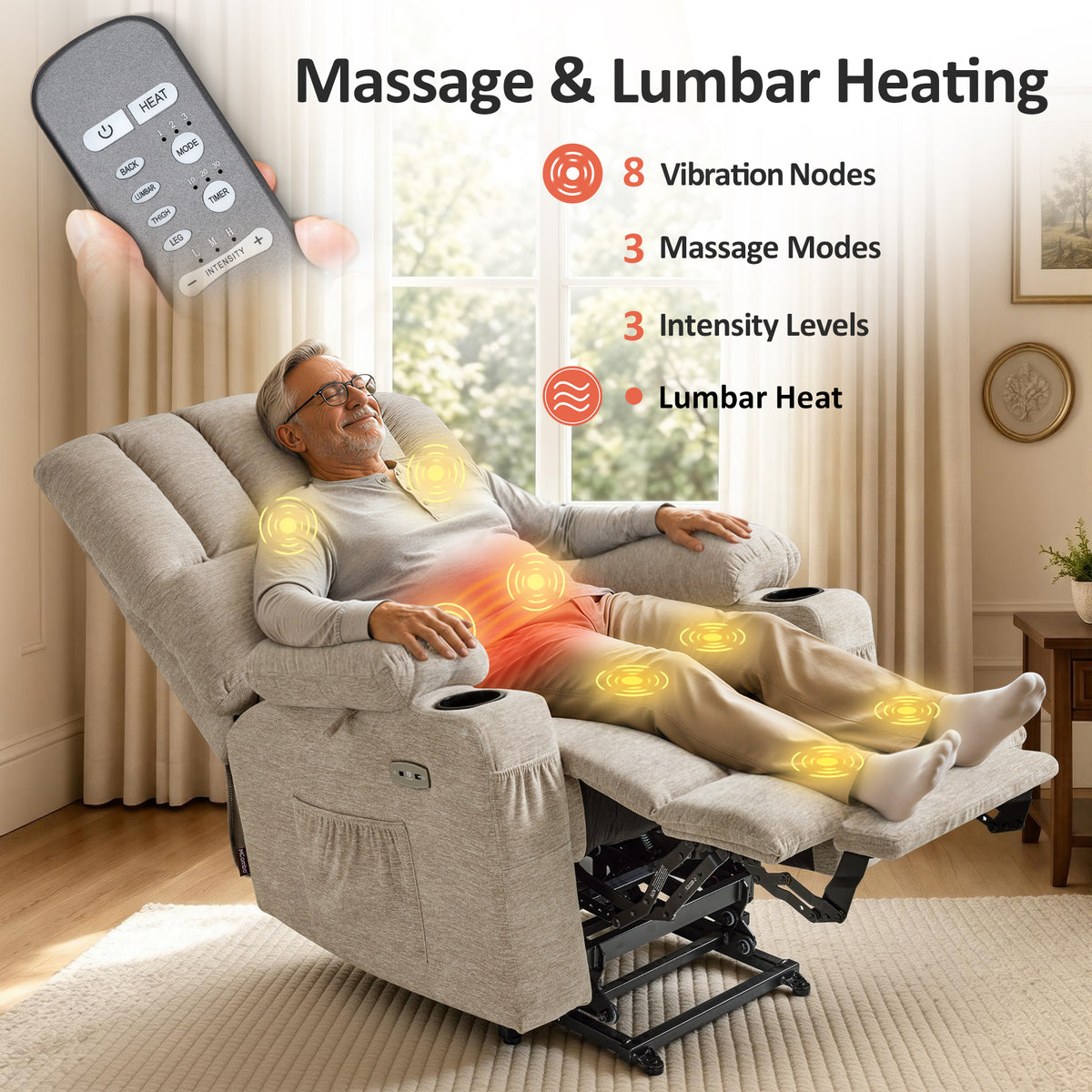 Power Lift Recliner Chair, Massage and Heat, Fabric 7095|7099|R7092|R7096