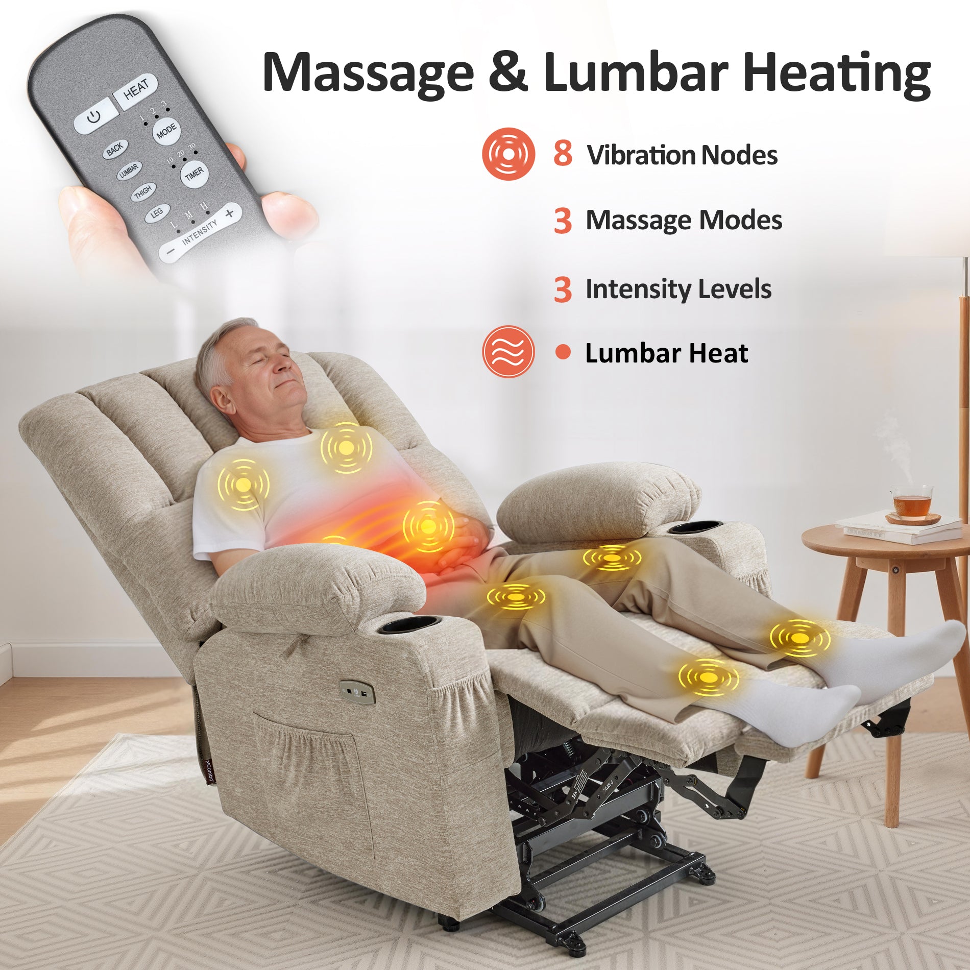 Power Lift Recliner Chair, Massage and Heat, Fabric 7095|7099|R7092|R7096