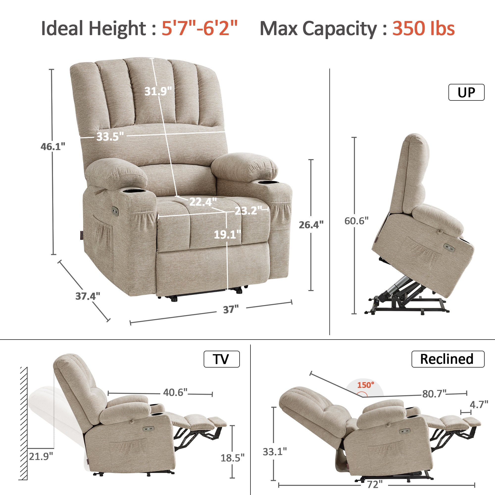 Power Lift Recliner Chair, Massage and Heat, Fabric 7095|7099|R7092|R7096