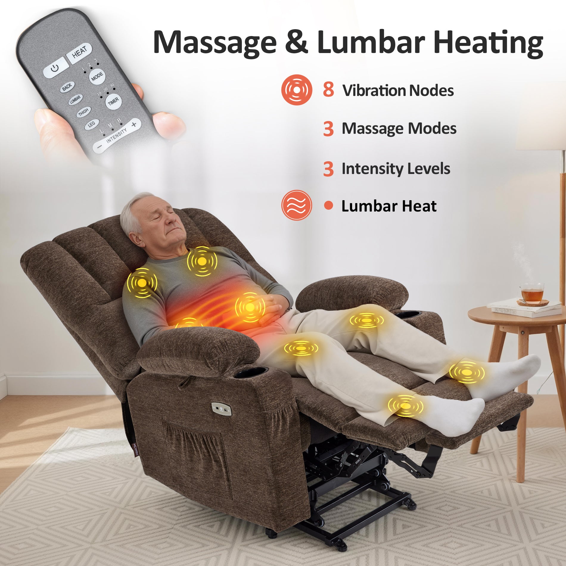 Power Lift Recliner Chair, Massage and Heat, Fabric 7095|7099|R7092|R7096