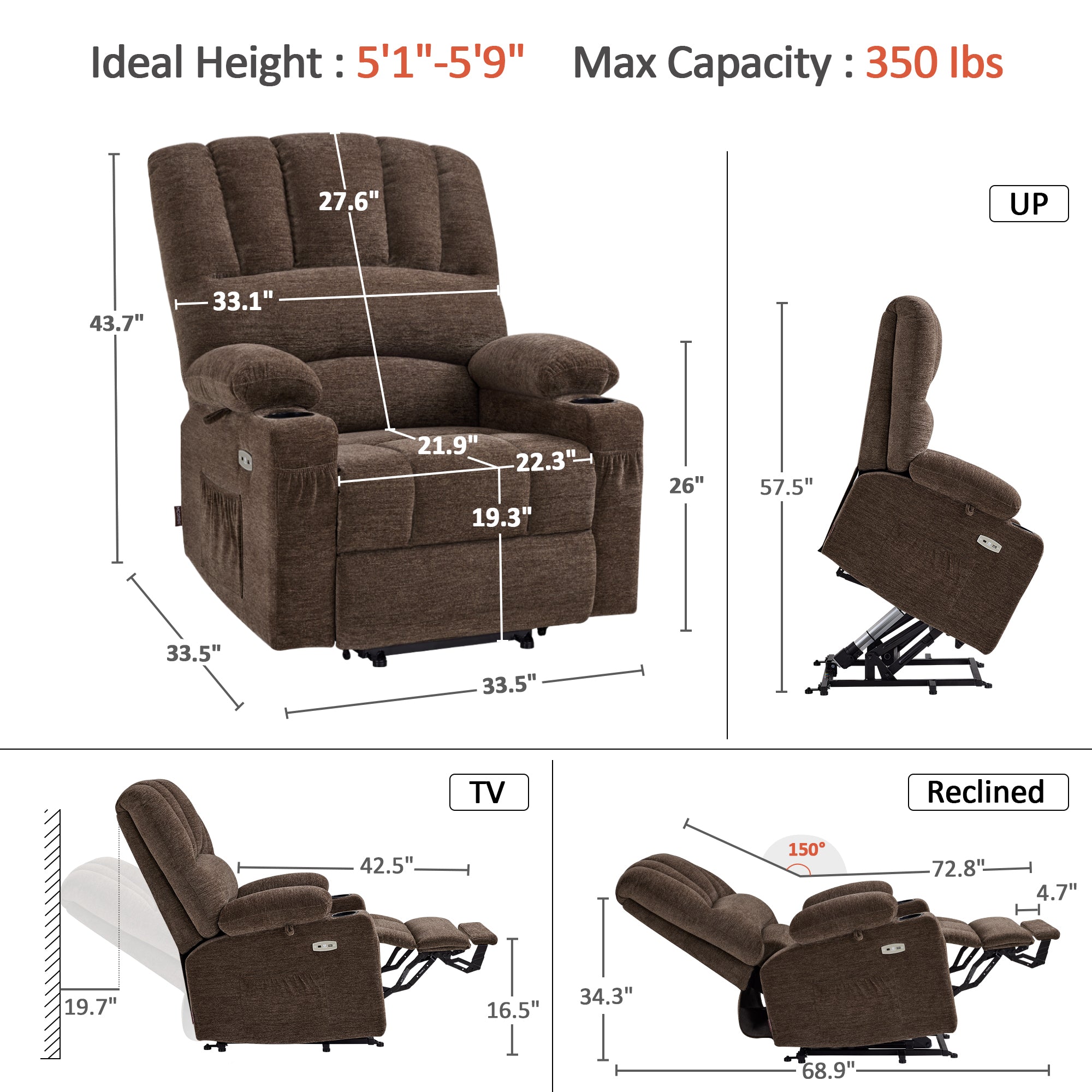 Power Lift Recliner Chair, Massage and Heat, Fabric 7095|7099|R7092|R7096
