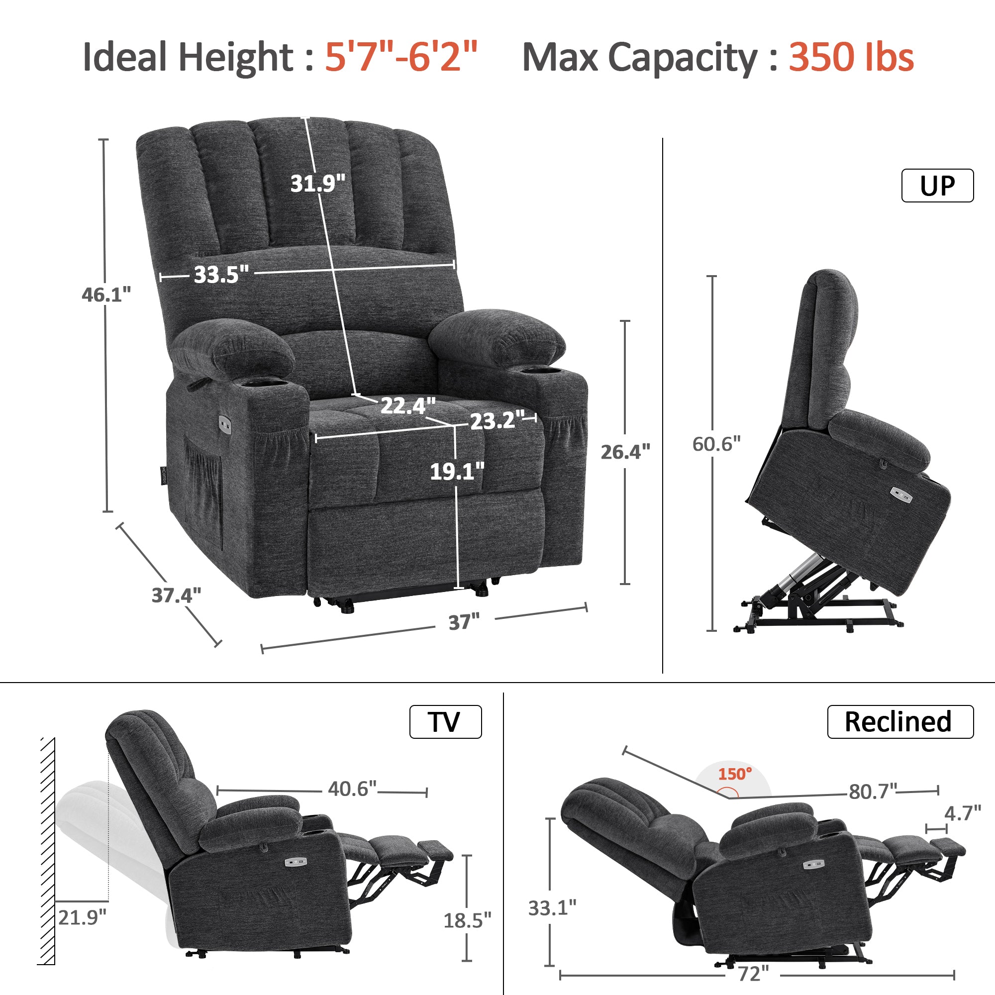 Power Lift Recliner Chair, Massage and Heat, Fabric 7095|7099|R7092|R7096