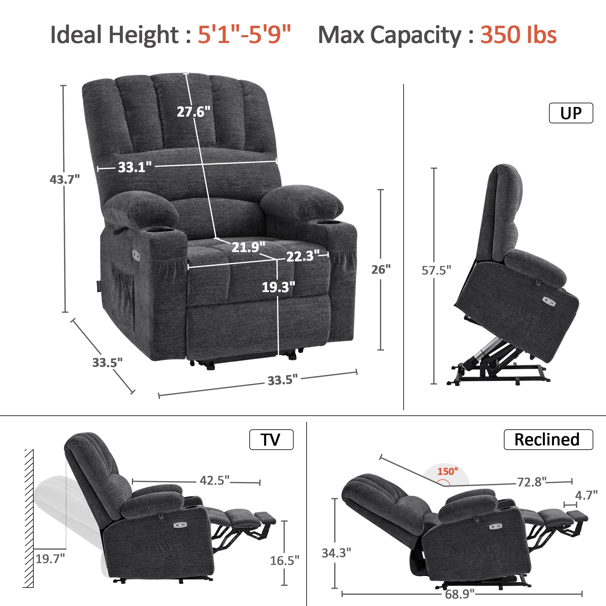 Power Lift Recliner Chair, Massage and Heat, Fabric 7095|7099|R7092|R7096