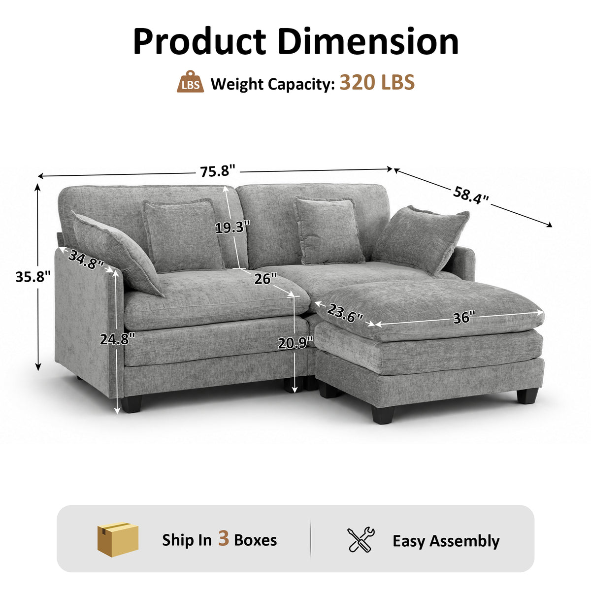 Loveseat Sofa Couch with Chaise Ottoman, L-Shaped Modular Sectional Sofa, SF068