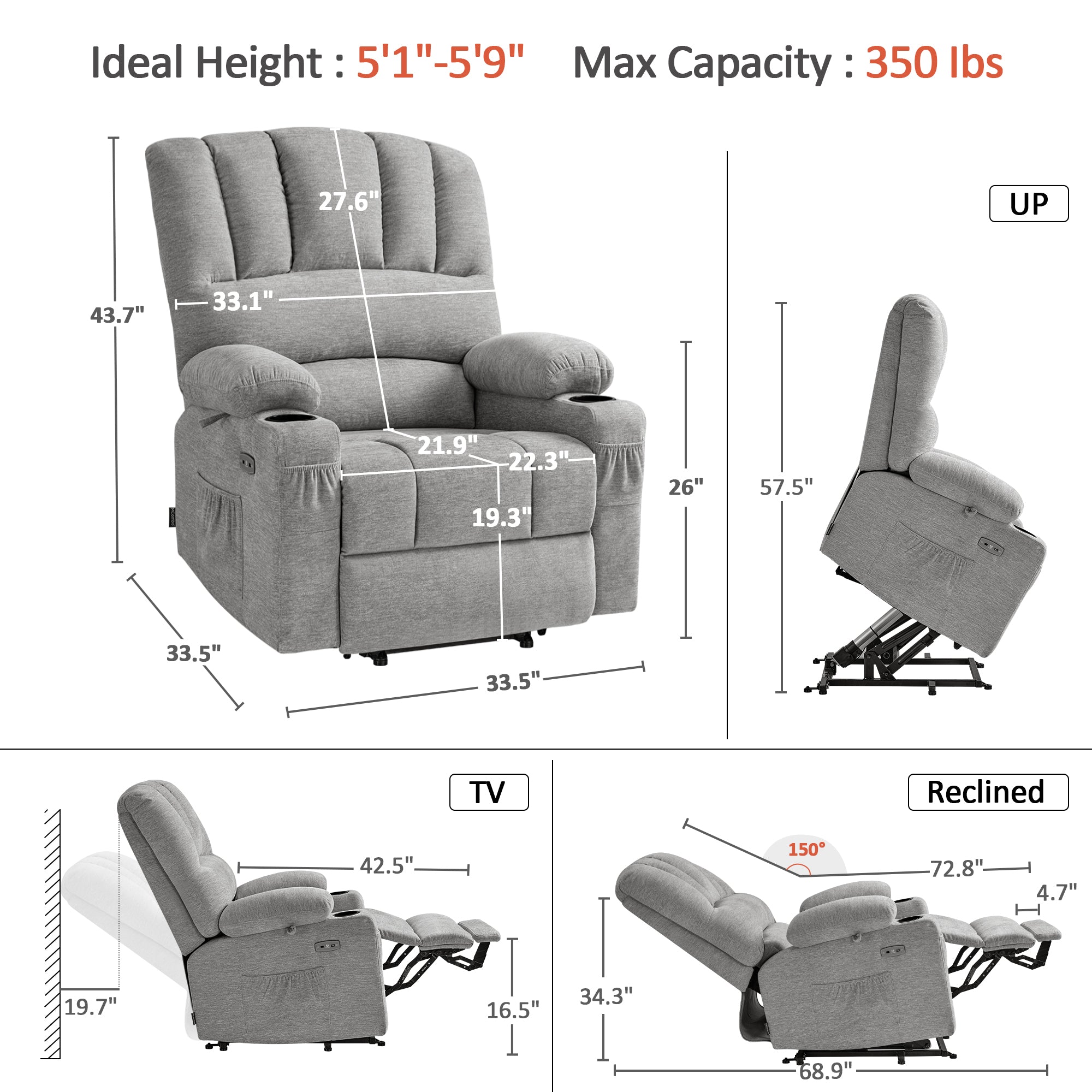 Power Lift Recliner Chair, Massage and Heat, Fabric 7095|7099|R7092|R7096