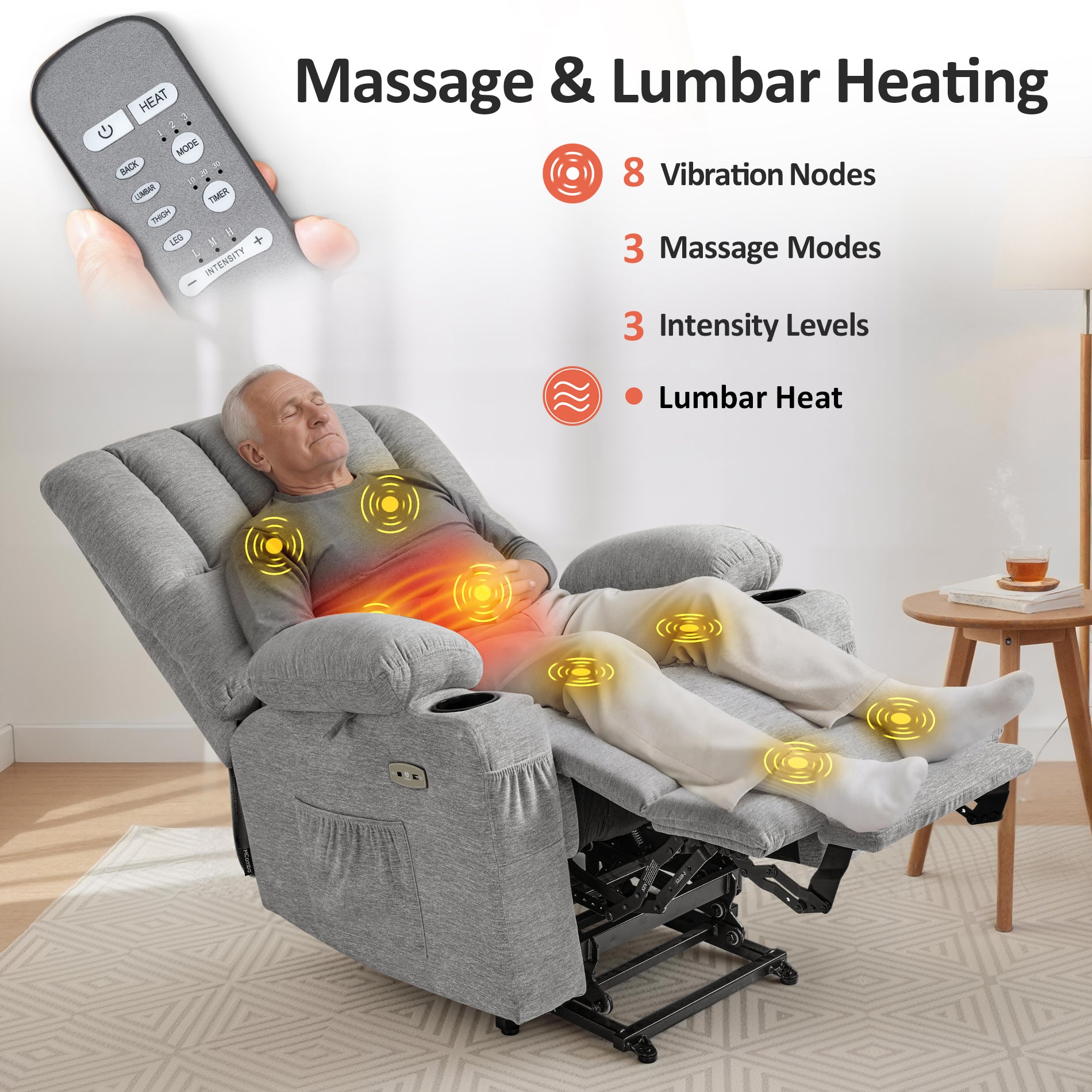 Power Lift Recliner Chair, Massage and Heat, Fabric 7095|7099|R7092|R7096