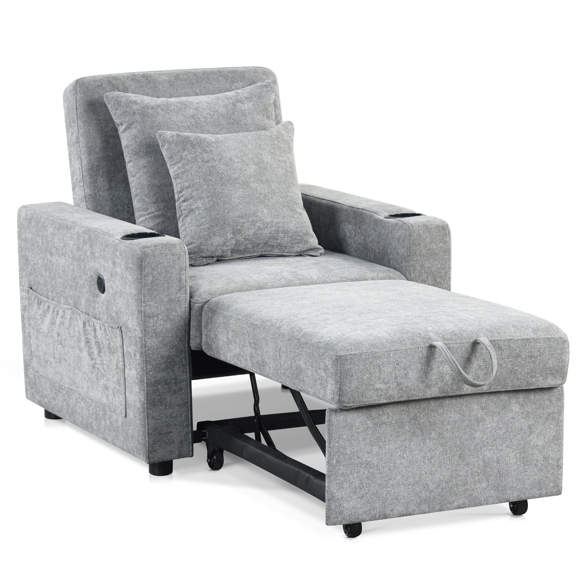 MCombo Convertible Sleeper Chair Bed, 3-in-1 Folding Sofa Chair with Adjustable Backrest, Pull-Out Bed with USB Port, Cup Holders, Linen Fabric, for Small Spaces Living Room Guest Room Office VN6001