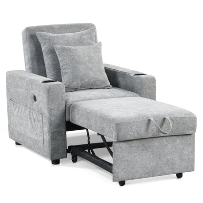 MCombo Convertible Sleeper Chair Bed, 3-in-1 Folding Sofa Chair with Adjustable Backrest, Pull-Out Bed with USB Port, Cup Holders, Linen Fabric, for Small Spaces Living Room Guest Room Office VN6001