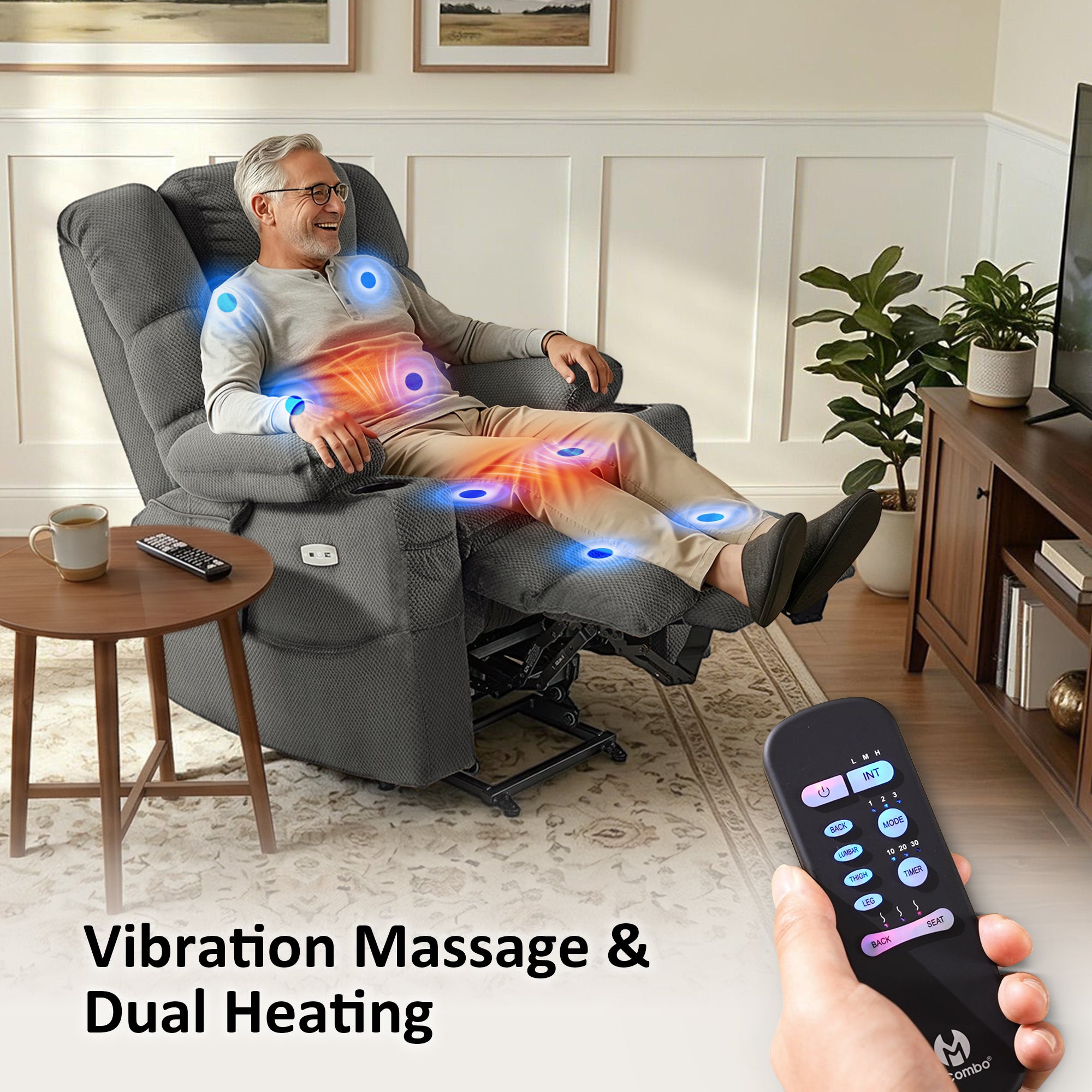 Power Lift Recliner Chair, Triple Motor, Massage and Heat, Fabric 7634|7631|7632|R7635