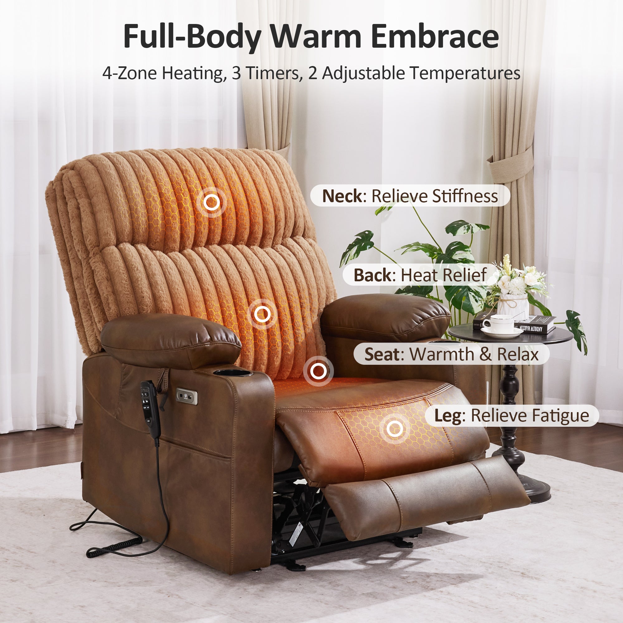 MCombo 180° Lay Flat Power Lift Recliner Chair for Elderly, Dual Motor Lift Chair with Full-Body Heating for Sleeping, Extra Wide Seat,Imitation Rabbit Fur R7123