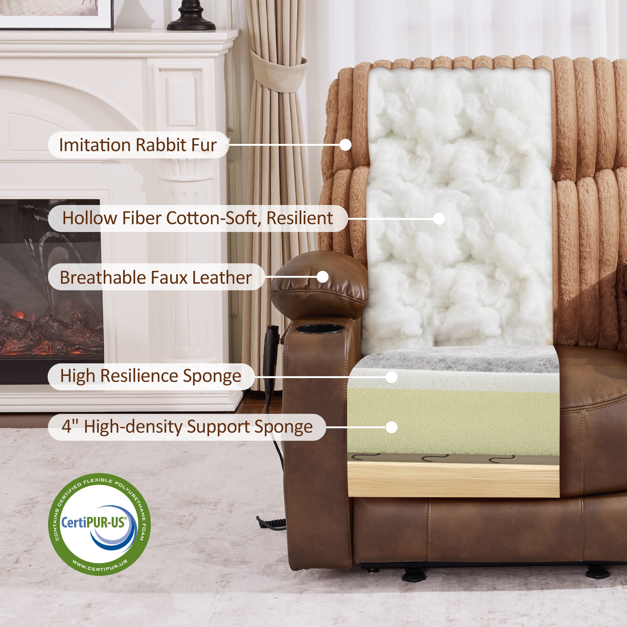 MCombo 180° Lay Flat Power Lift Recliner Chair for Elderly, Dual Motor Lift Chair with Full-Body Heating for Sleeping, Extra Wide Seat,Imitation Rabbit Fur R7123