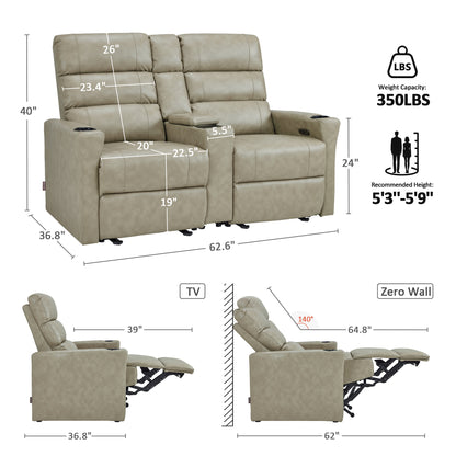 MCombo 62.6'' RV Recliner Loveseat Sofa with Console, Zero Wall Hugger Power Loveseat Recliner with USB Charge Ports, Outlet, for RVs, Living Rooms PR781