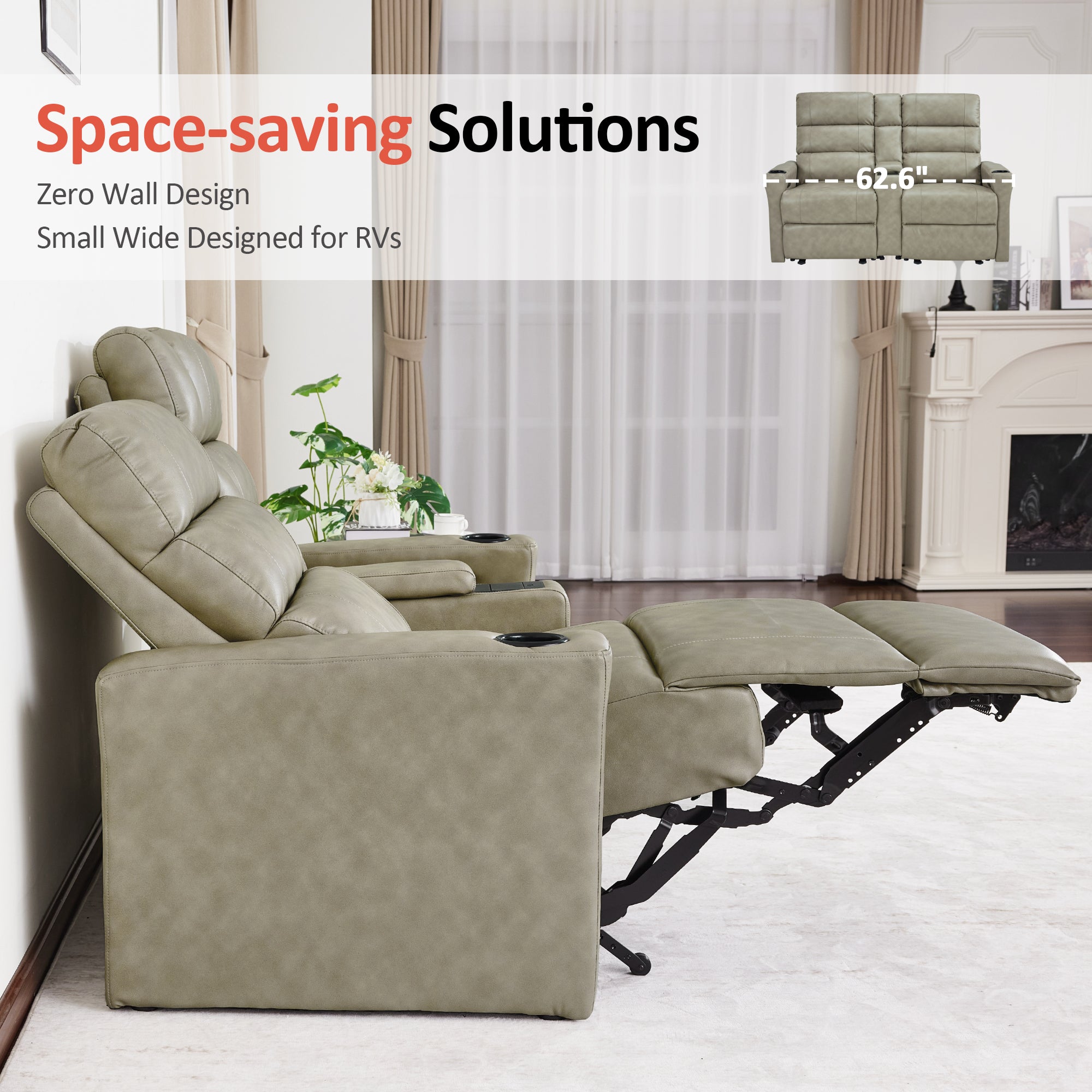MCombo 62.6'' RV Recliner Loveseat Sofa with Console, Zero Wall Hugger Power Loveseat Recliner with USB Charge Ports, Outlet, for RVs, Living Rooms PR781