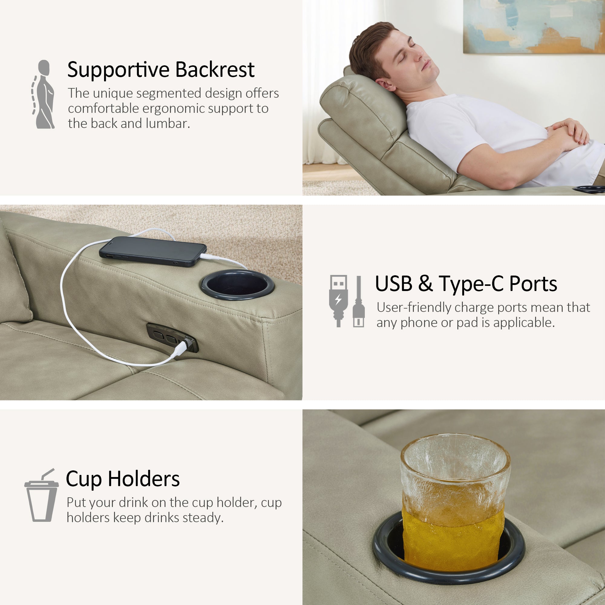 MCombo 62.6'' RV Recliner Loveseat Sofa with Console, Zero Wall Hugger Power Loveseat Recliner with USB Charge Ports, Outlet, for RVs, Living Rooms PR781