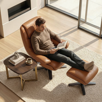 Genuine Leather Recliner Chair with Ottoman, 360°Swivel Recliner with Adjustable Backrest, Accent Chair for Living Room A7100