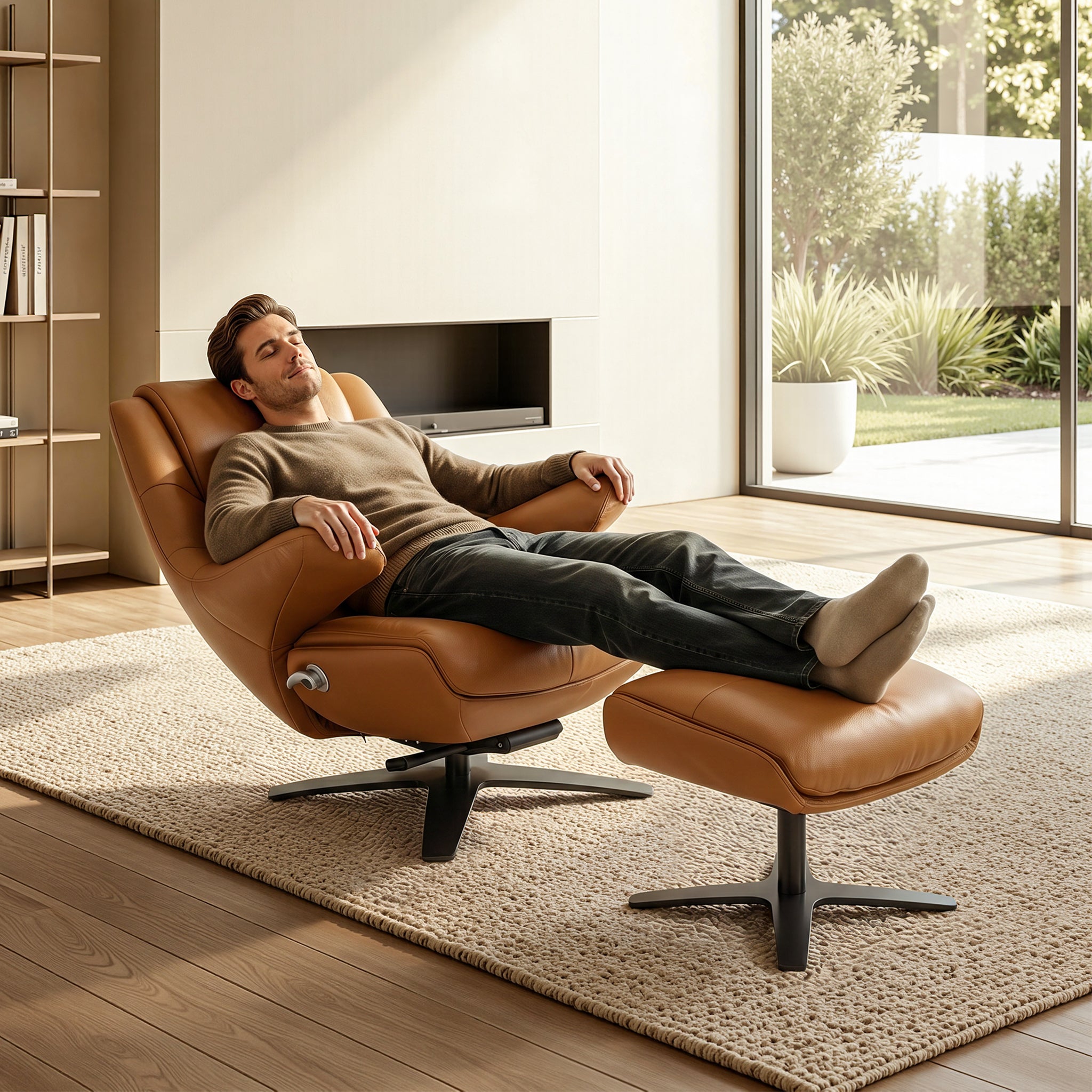 Genuine Leather Recliner Chair with Ottoman, 360°Swivel Recliner with Adjustable Backrest, Accent Chair for Living Room A7100