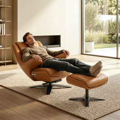 Genuine Leather Recliner Chair with Ottoman, 360°Swivel Recliner with Adjustable Backrest, Accent Chair for Living Room A7100