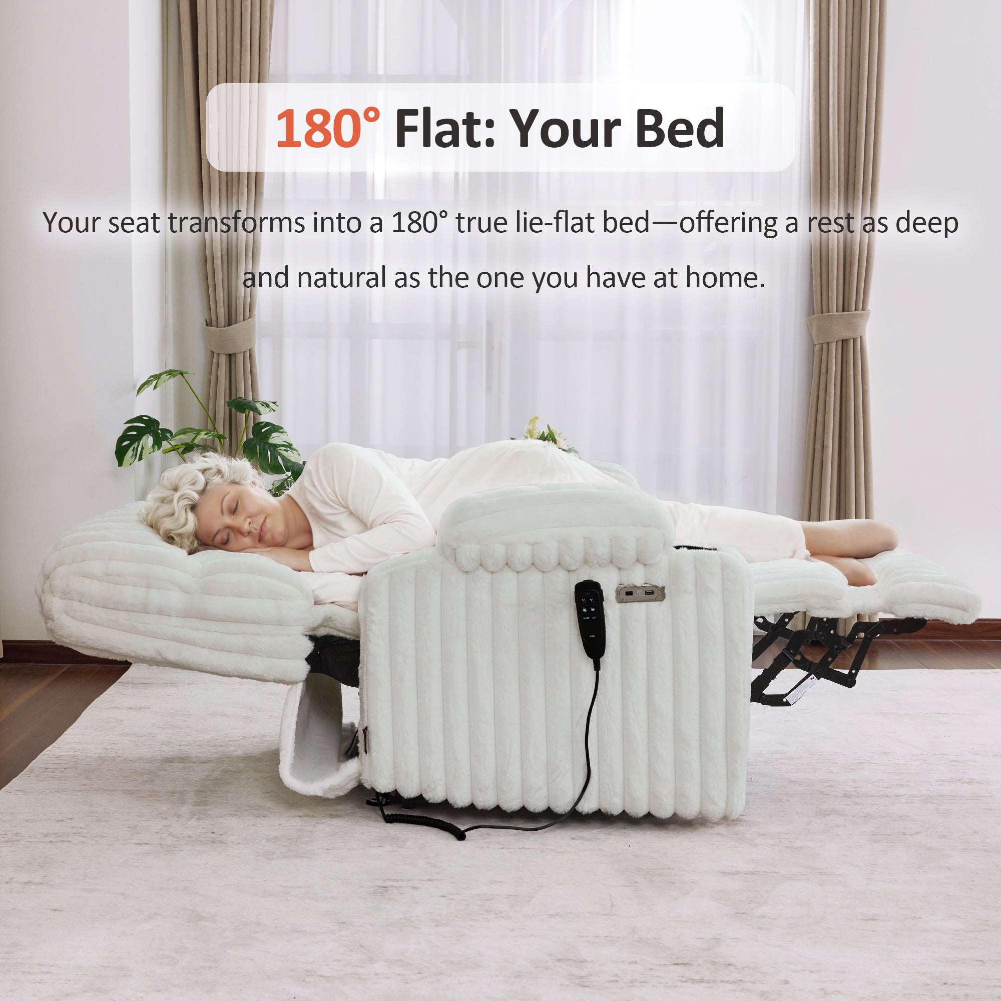 MCombo 180° Lay Flat Power Lift Recliner Chair for Elderly, Dual Motor Lift Chair with Full-Body Heating for Sleeping, Extra Wide Seat,Imitation Rabbit Fur R7123