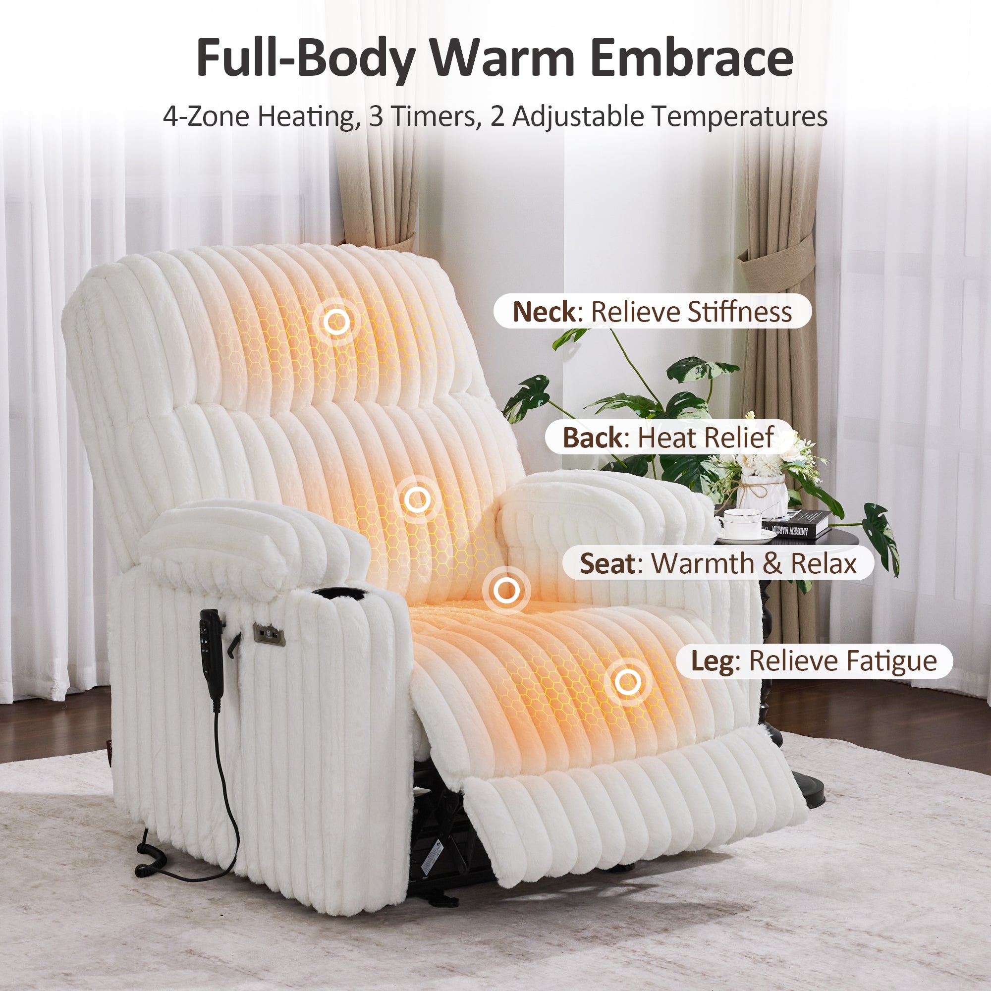 MCombo 180° Lay Flat Power Lift Recliner Chair for Elderly, Dual Motor Lift Chair with Full-Body Heating for Sleeping, Extra Wide Seat,Imitation Rabbit Fur R7123