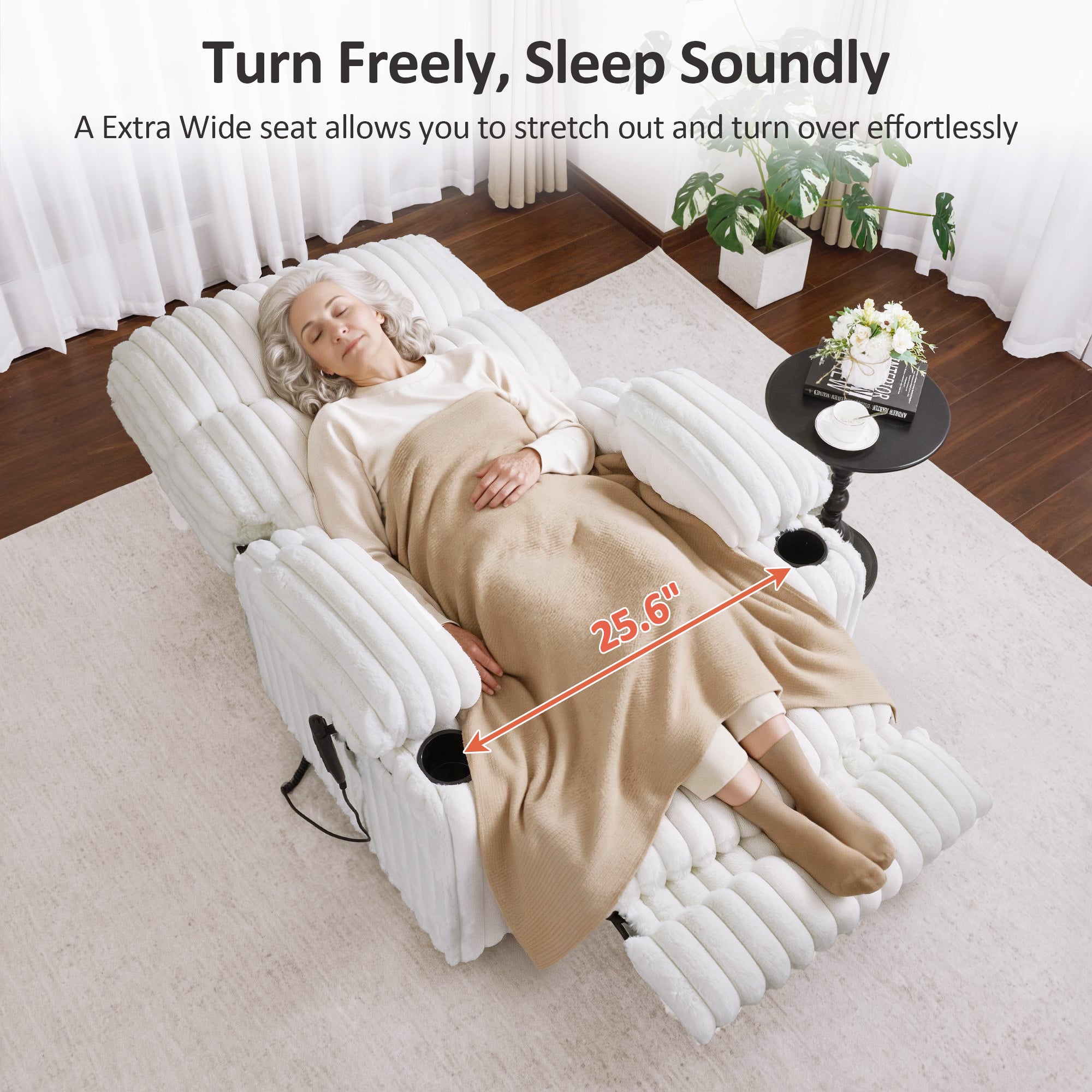 MCombo 180° Lay Flat Power Lift Recliner Chair for Elderly, Dual Motor Lift Chair with Full-Body Heating for Sleeping, Extra Wide Seat,Imitation Rabbit Fur R7123