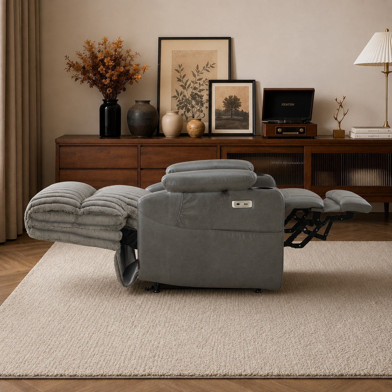 Dual Motor 180° Lay Flat Power Lift Chair with Full-Body Heat, Imitation Rabbit Fur R7123