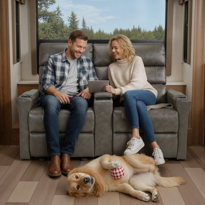 MCombo 62.6'' RV Recliner Loveseat Sofa with Console, Zero Wall Hugger Power Loveseat Recliner with USB Charge Ports, Outlet, for RVs, Living Rooms PR781