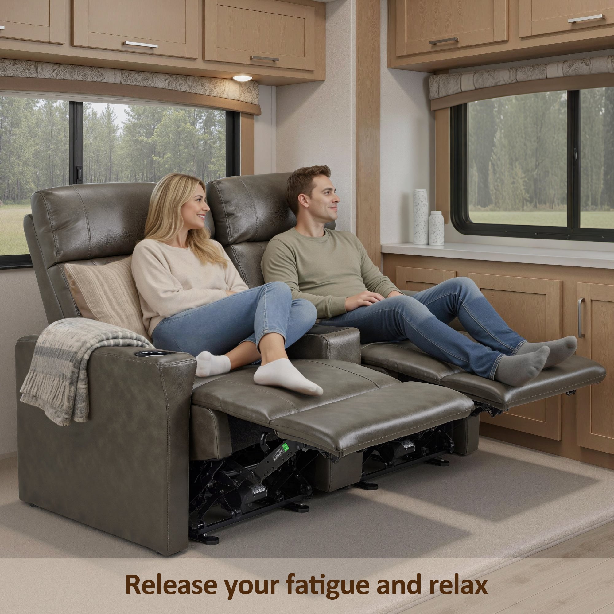 MCombo 62.6'' RV Recliner Loveseat Sofa with Console, Zero Wall Hugger Power Loveseat Recliner with USB Charge Ports, Outlet, for RVs, Living Rooms PR781