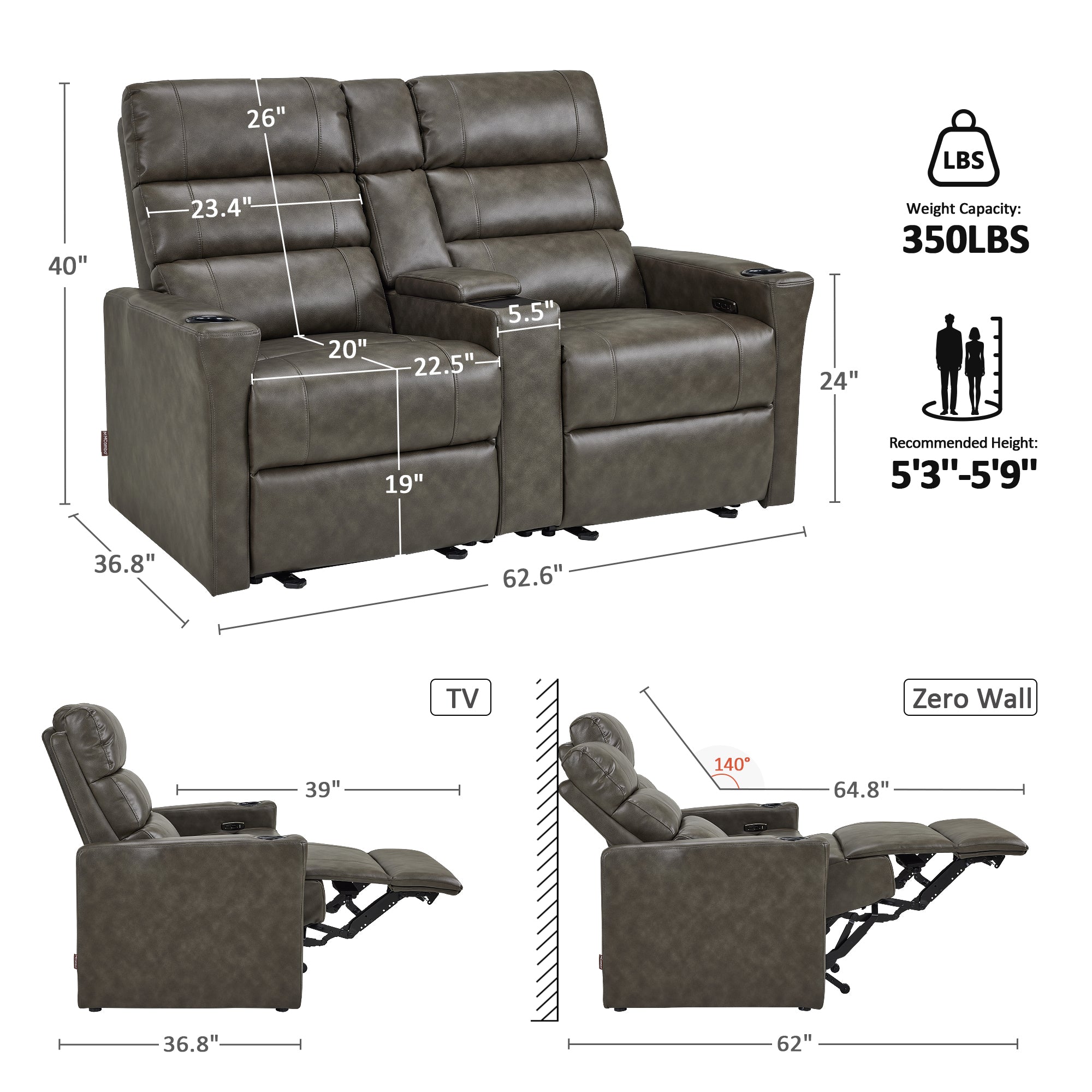 MCombo 62.6'' RV Recliner Loveseat Sofa with Console, Zero Wall Hugger Power Loveseat Recliner with USB Charge Ports, Outlet, for RVs, Living Rooms PR781