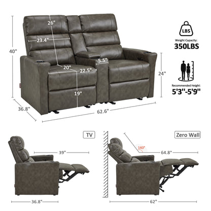 MCombo 62.6'' RV Recliner Loveseat Sofa with Console, Zero Wall Hugger Power Loveseat Recliner with USB Charge Ports, Outlet, for RVs, Living Rooms PR781