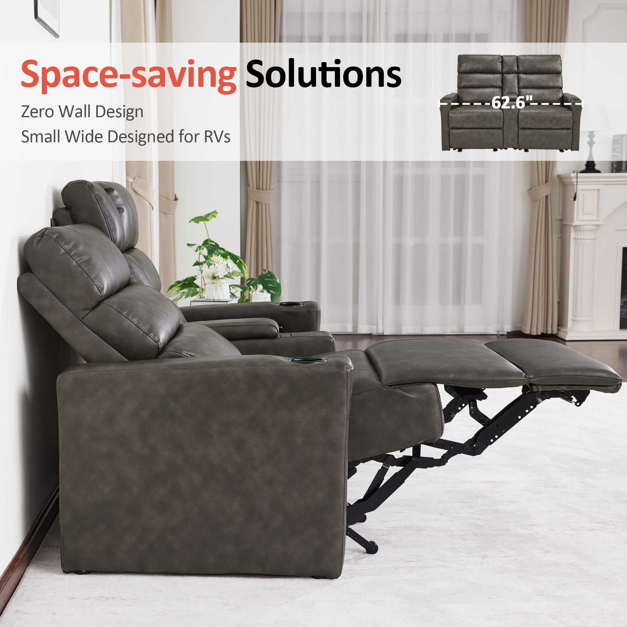 MCombo 62.6'' RV Recliner Loveseat Sofa with Console, Zero Wall Hugger Power Loveseat Recliner with USB Charge Ports, Outlet, for RVs, Living Rooms PR781