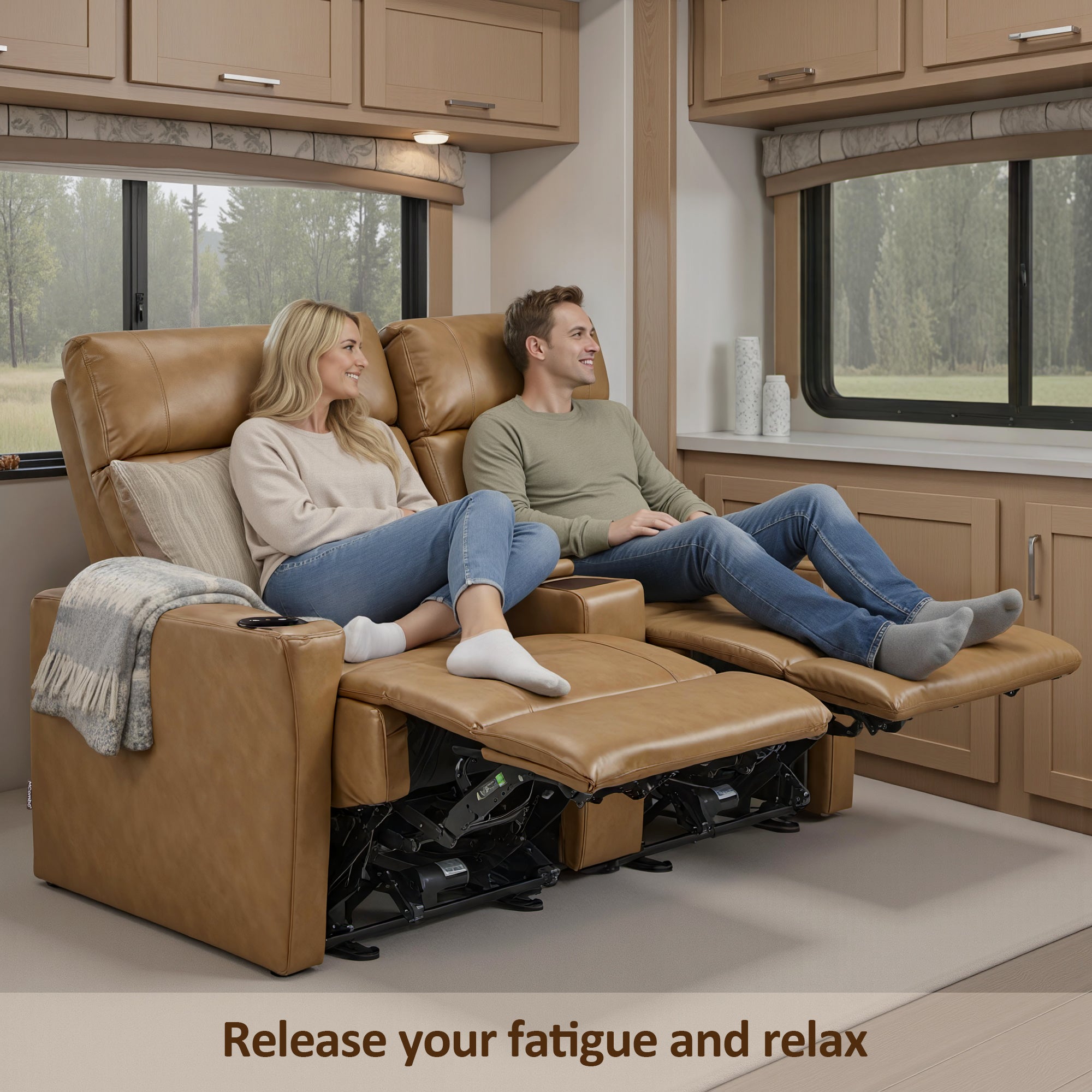 MCombo 62.6'' RV Recliner Loveseat Sofa with Console, Zero Wall Hugger Power Loveseat Recliner with USB Charge Ports, Outlet, for RVs, Living Rooms PR781
