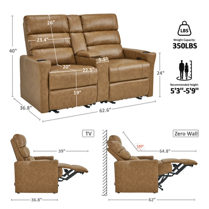 MCombo 62.6'' RV Recliner Loveseat Sofa with Console, Zero Wall Hugger Power Loveseat Recliner with USB Charge Ports, Outlet, for RVs, Living Rooms PR781