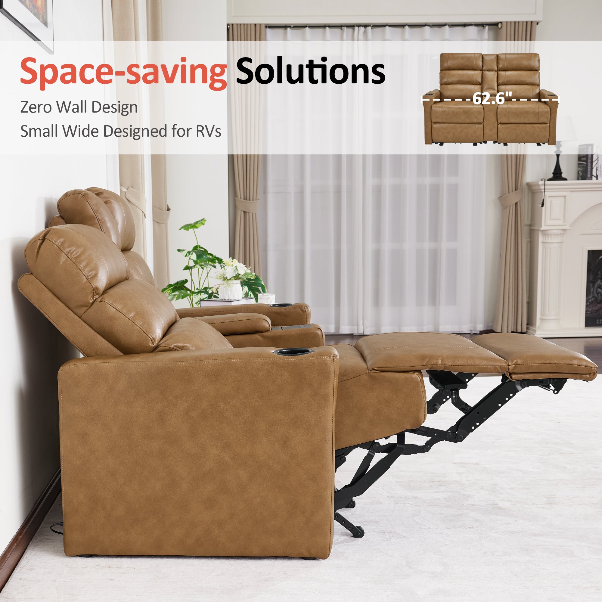 MCombo 62.6'' RV Recliner Loveseat Sofa with Console, Zero Wall Hugger Power Loveseat Recliner with USB Charge Ports, Outlet, for RVs, Living Rooms PR781