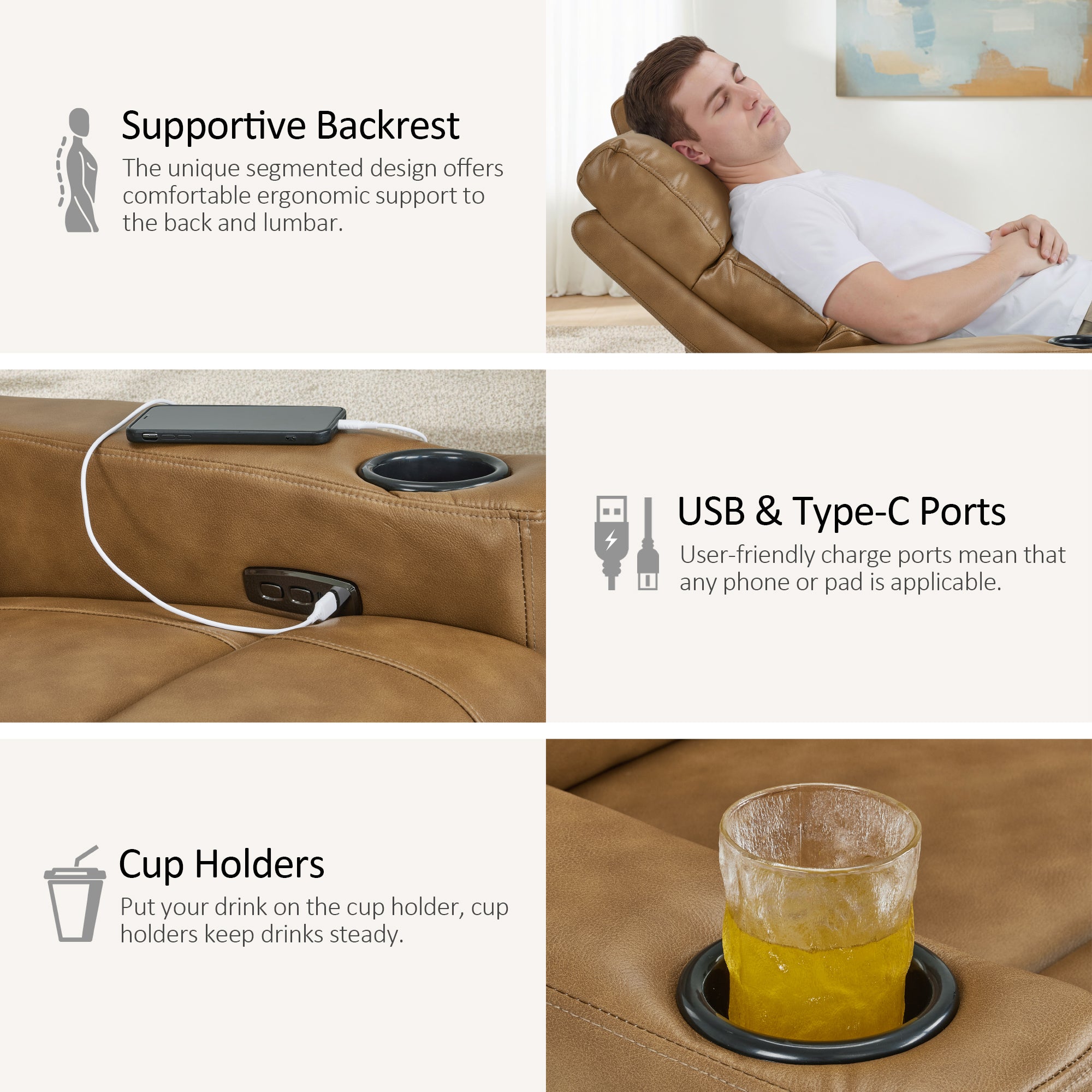 MCombo 62.6'' RV Recliner Loveseat Sofa with Console, Zero Wall Hugger Power Loveseat Recliner with USB Charge Ports, Outlet, for RVs, Living Rooms PR781