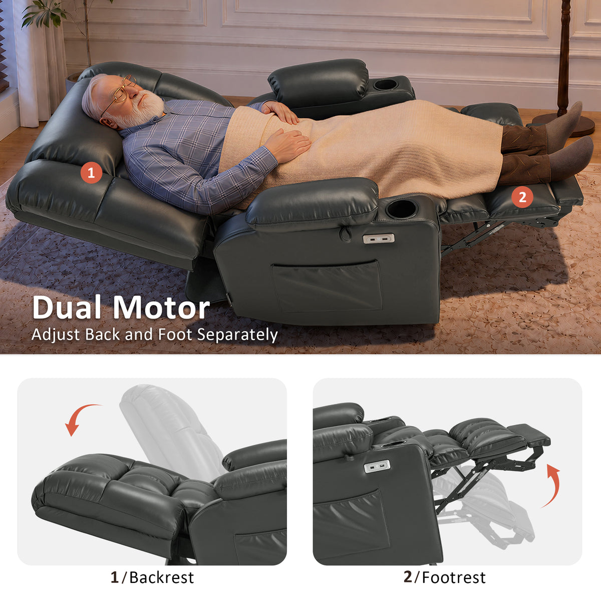 Dual Motor Power Lift Recliner Chair, Massage and Heat, Lay Flat for Sleeping, Faux Leather 7890|7893|7896|R7891|R7897|R7894