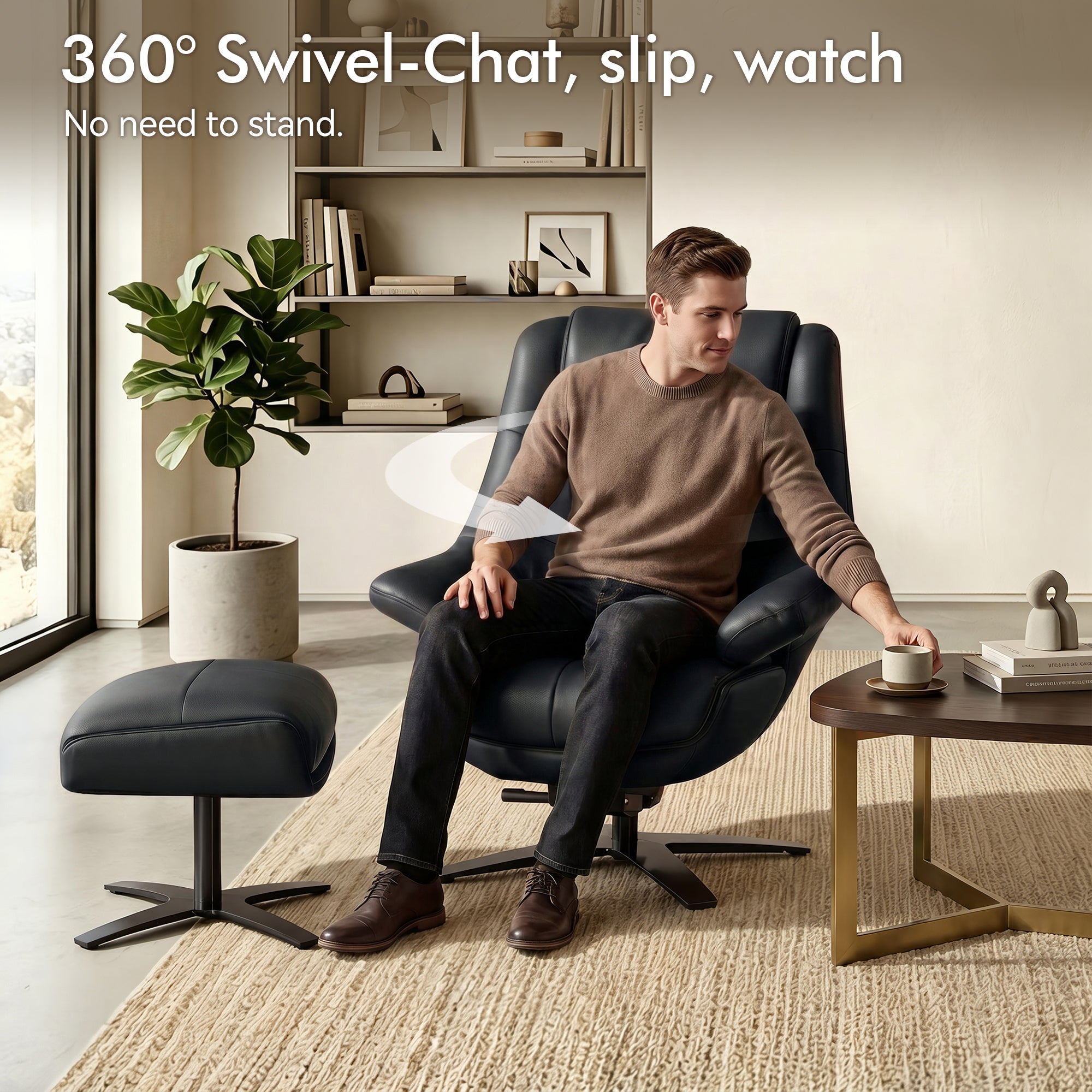 Genuine Leather Recliner Chair with Ottoman, 360°Swivel Recliner with Adjustable Backrest, Accent Chair for Living Room A7100
