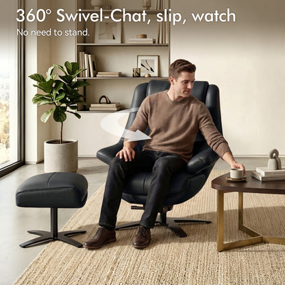 Genuine Leather Recliner Chair with Ottoman, 360°Swivel Recliner with Adjustable Backrest, Accent Chair for Living Room A7100