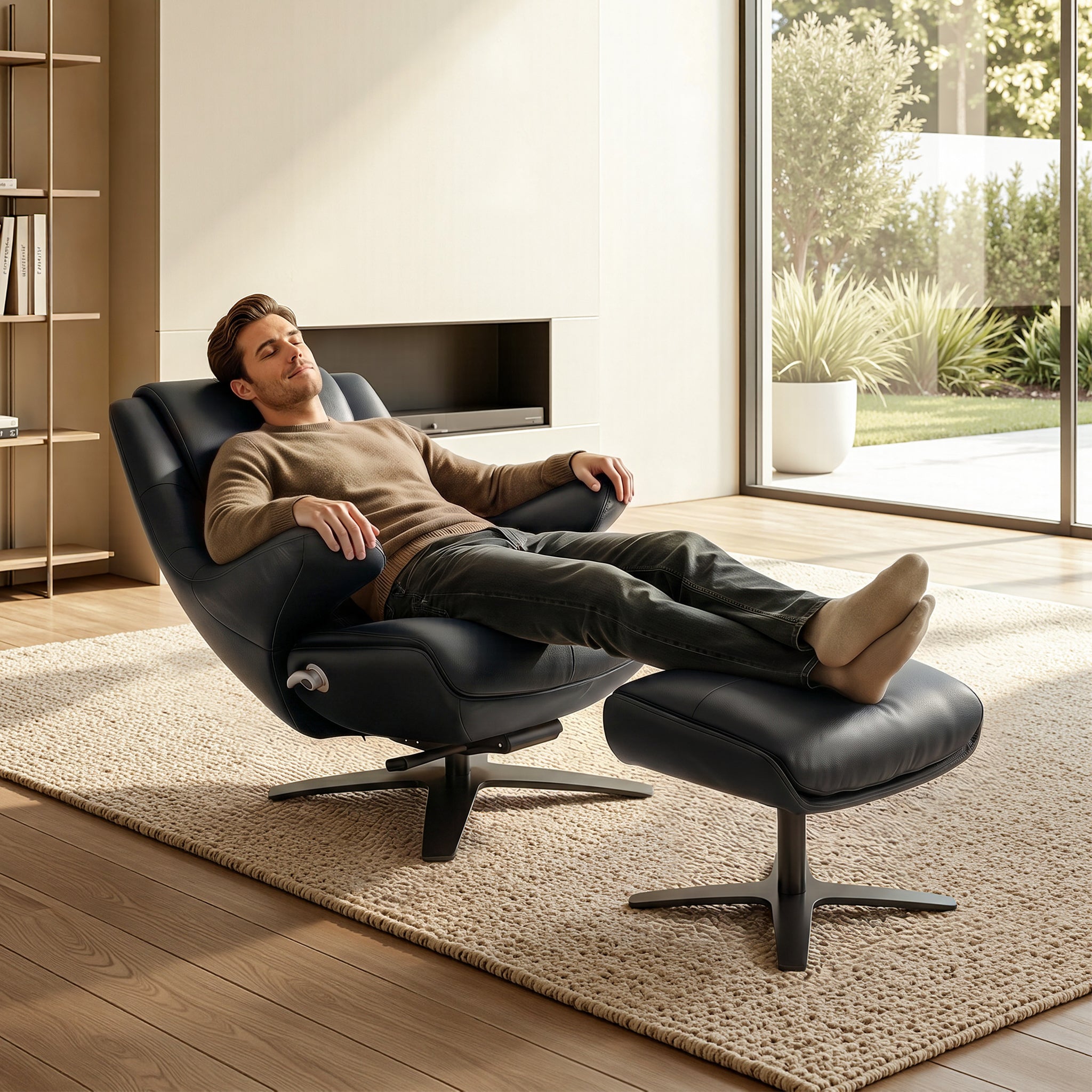 Genuine Leather Recliner Chair with Ottoman, 360°Swivel Recliner with Adjustable Backrest, Accent Chair for Living Room A7100