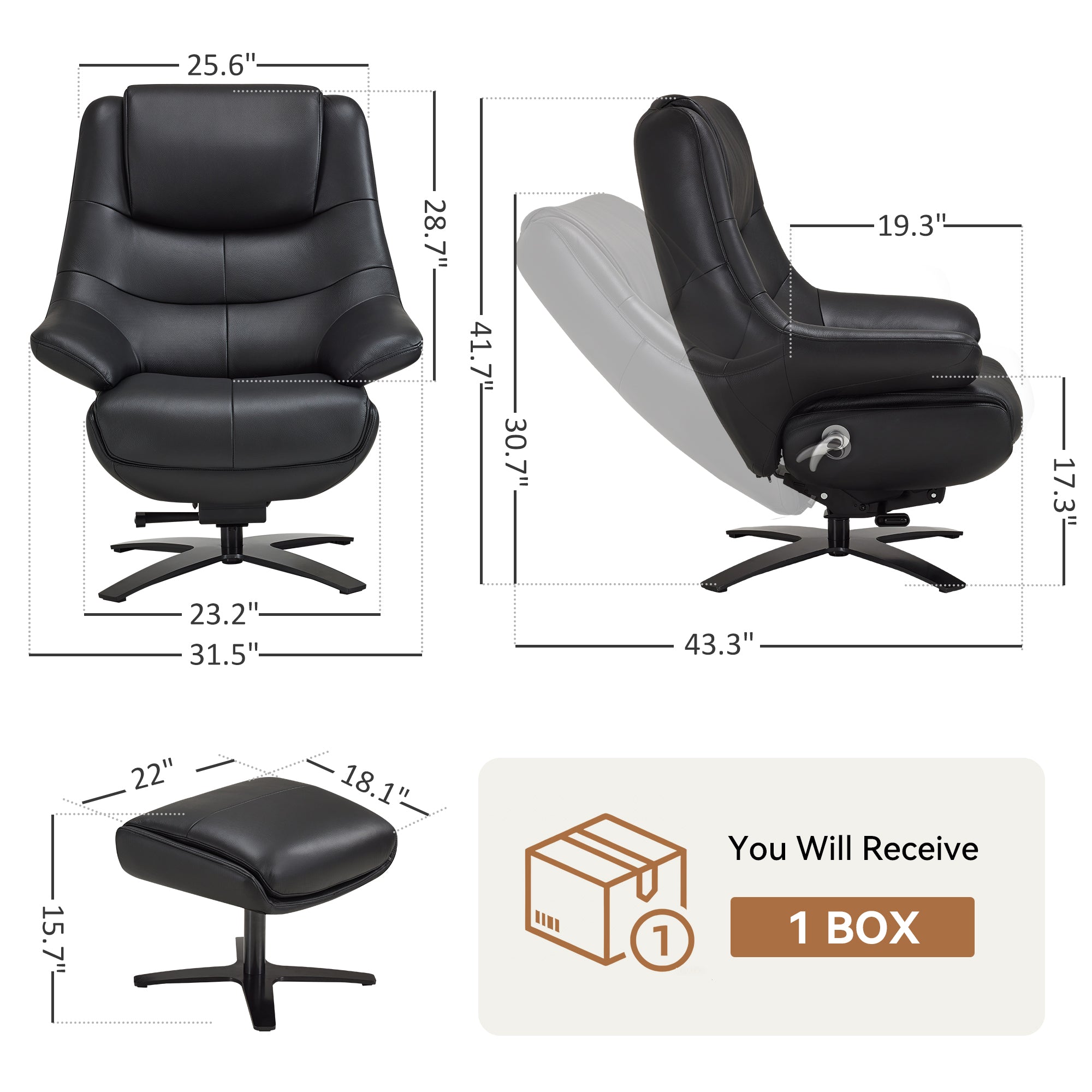 Genuine Leather Swivel Recliner Chair with Ottoman A7100