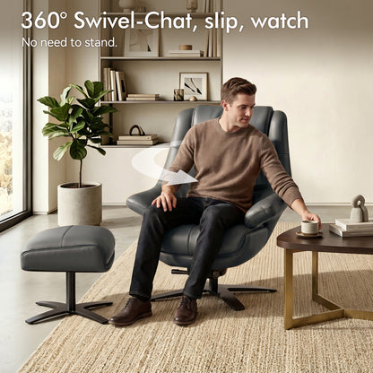 Genuine Leather Recliner Chair with Ottoman, 360°Swivel Recliner with Adjustable Backrest, Accent Chair for Living Room A7100