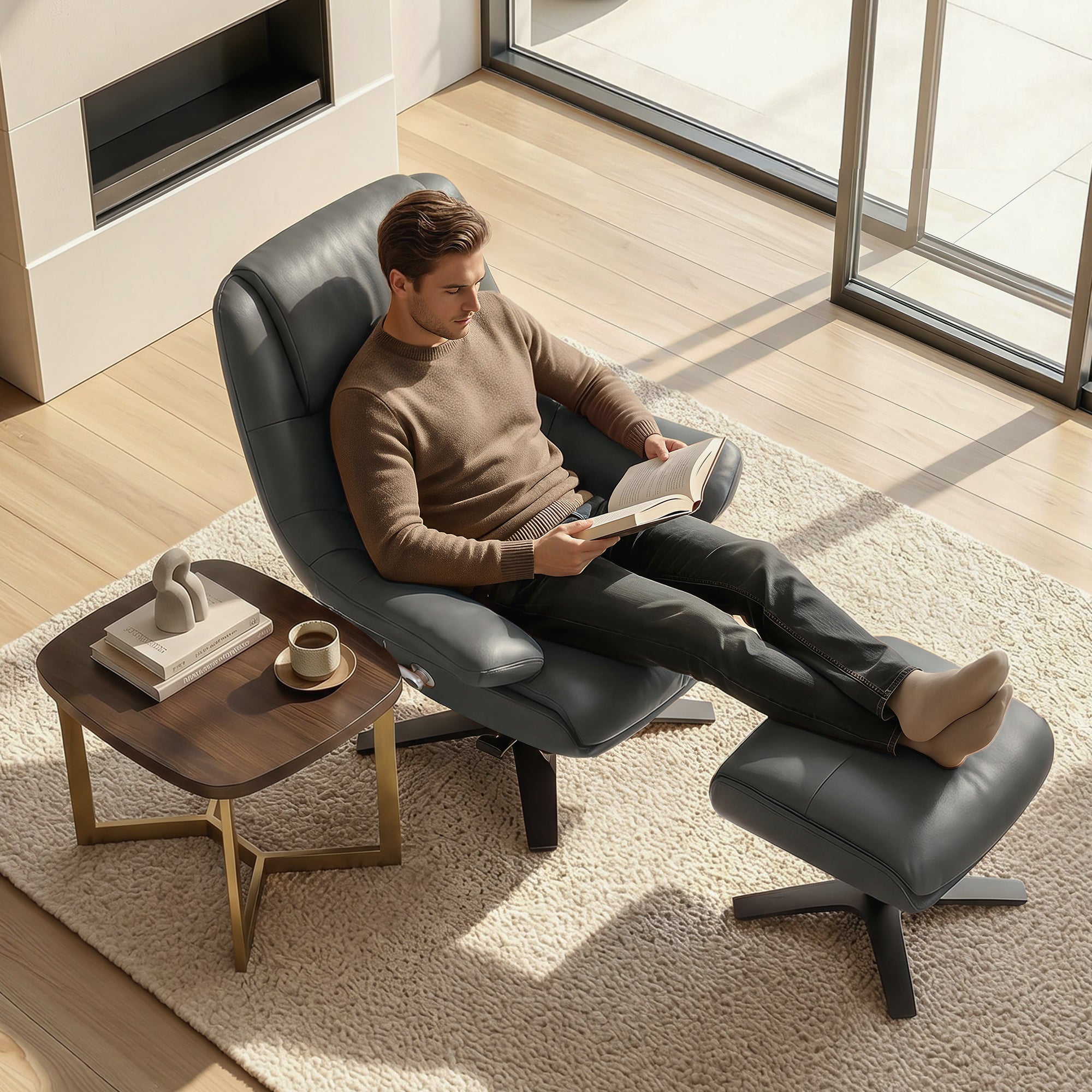 Genuine Leather Recliner Chair with Ottoman, 360°Swivel Recliner with Adjustable Backrest, Accent Chair for Living Room A7100