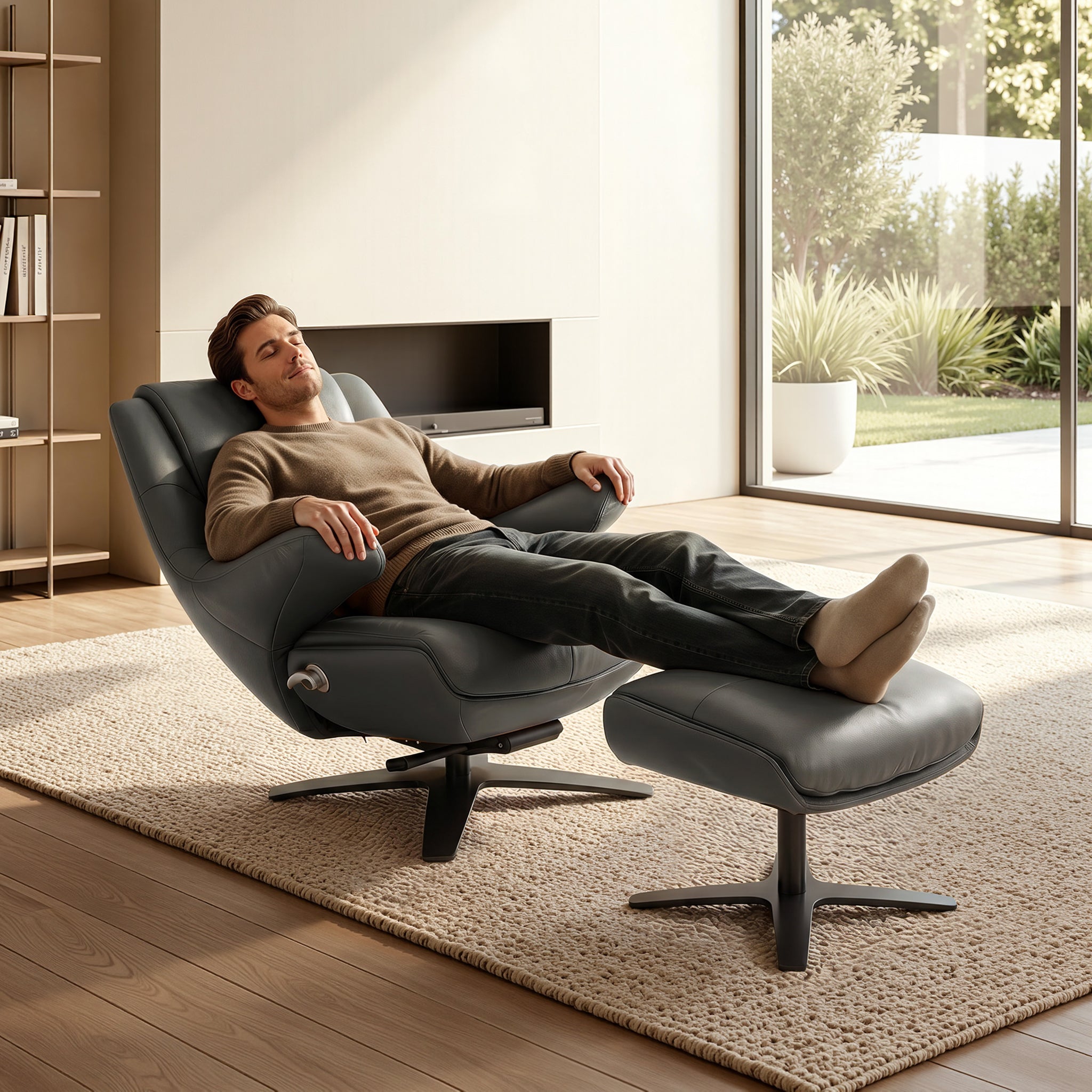 Genuine Leather Recliner Chair with Ottoman, 360°Swivel Recliner with Adjustable Backrest, Accent Chair for Living Room A7100
