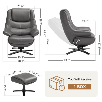 Genuine Leather Recliner Chair with Ottoman, 360°Swivel Recliner with Adjustable Backrest, Accent Chair for Living Room A7100