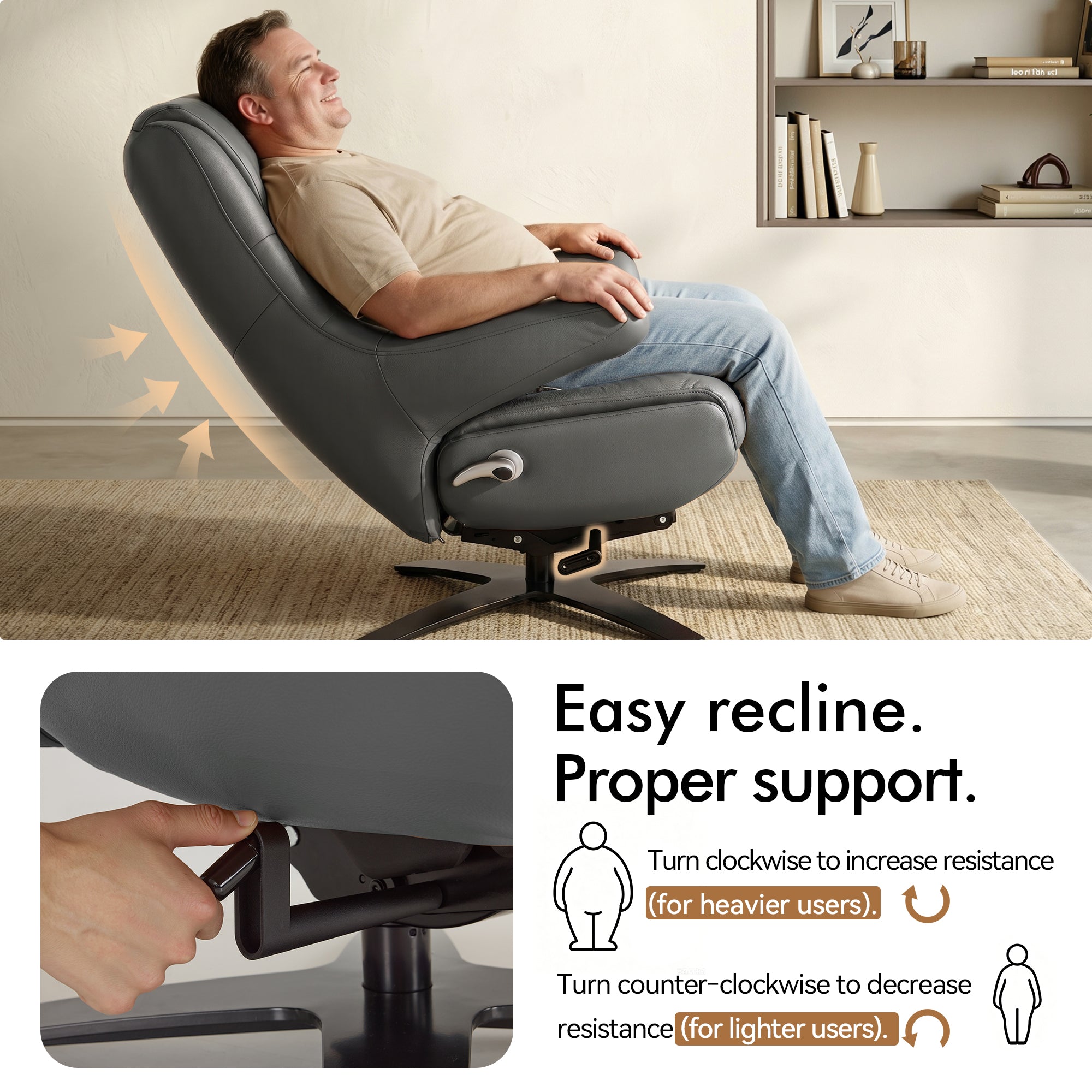 Genuine Leather Recliner Chair with Ottoman, 360°Swivel Recliner with Adjustable Backrest, Accent Chair for Living Room A7100