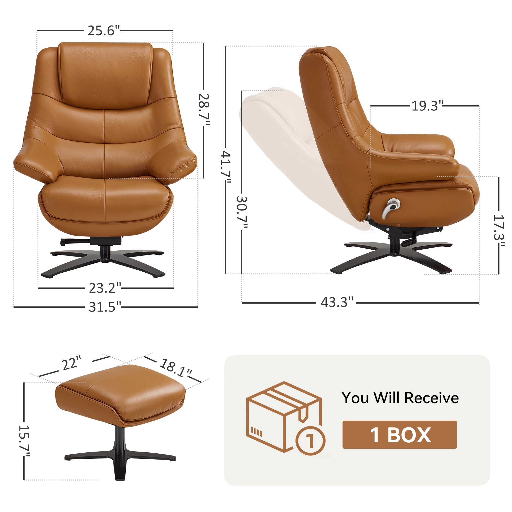 Genuine Leather Swivel Recliner Chair with Ottoman A7100
