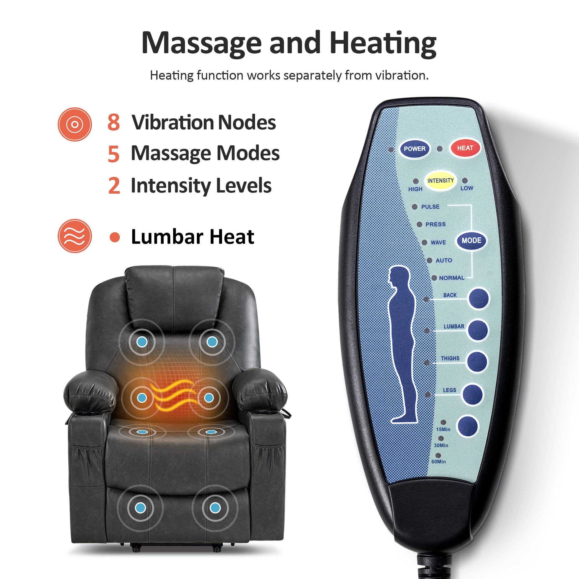 Power Lift Recliner Chair for Elderly, Massage and Heat, Faux Leather 7040|7516|7141|R7045|R7510