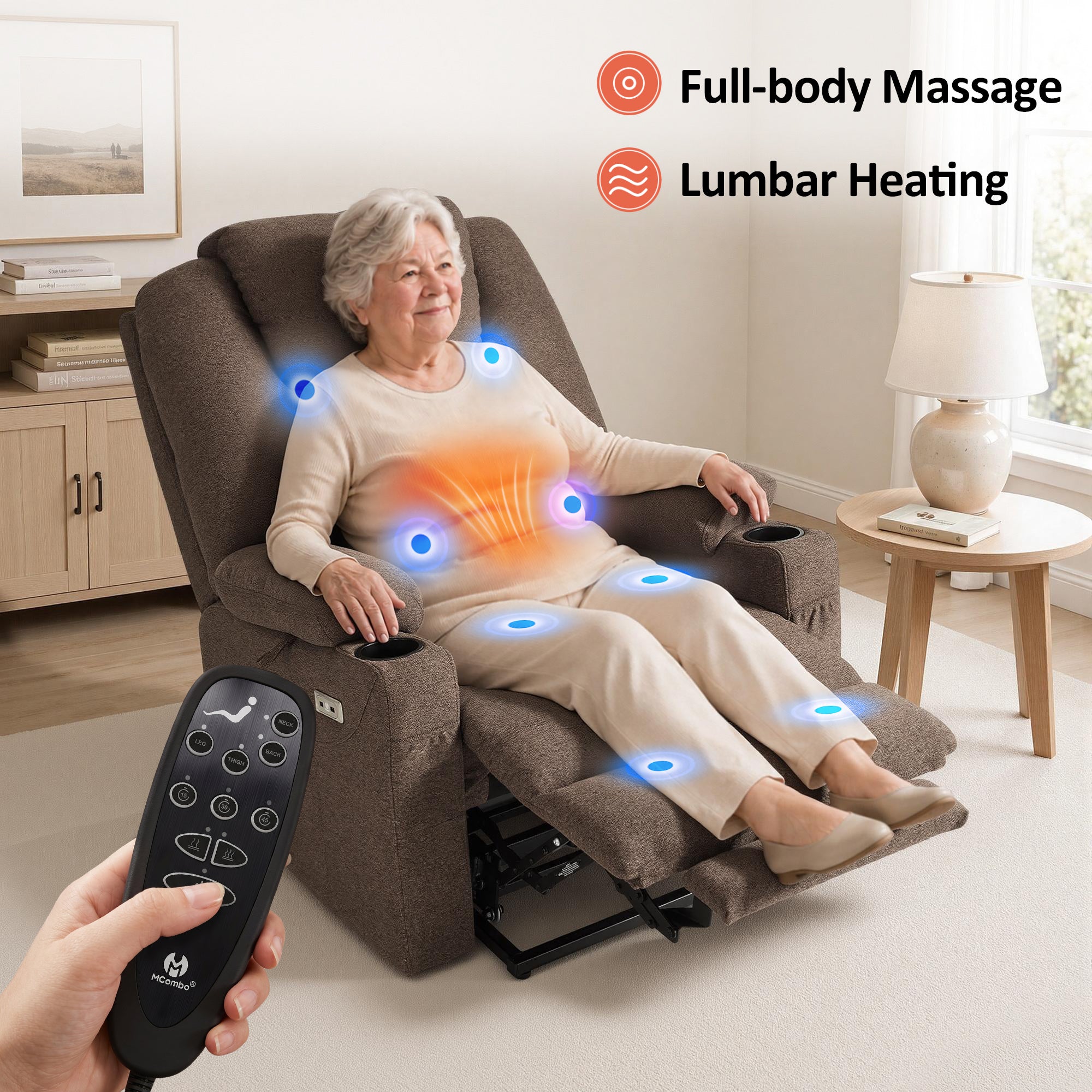 Power Lift Recliner Chair for Elderly, Massage and Heat, Fabric 7040|7516|7141|R7042|R7045|R7510