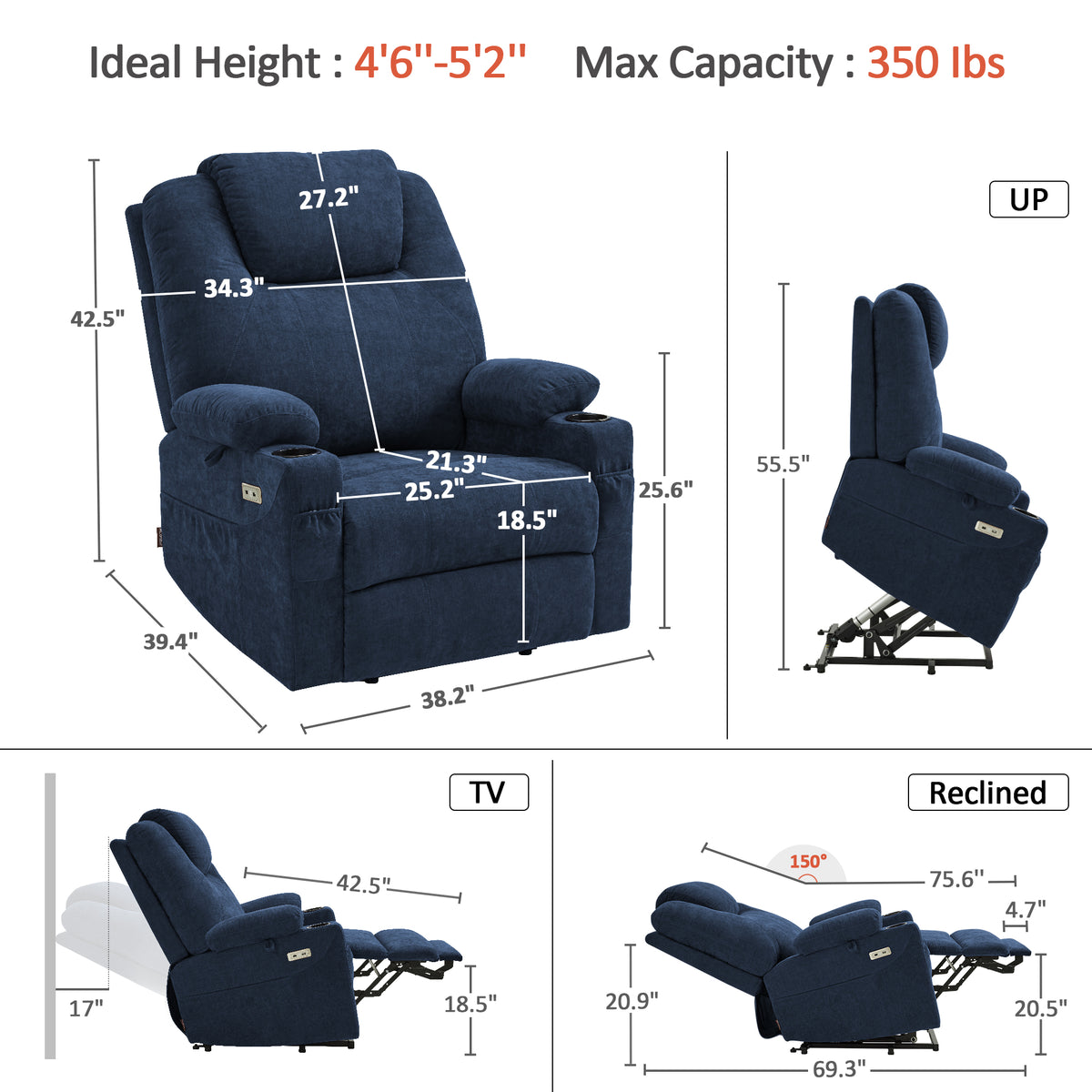 Power Lift Recliner Chair for Elderly, Massage and Heat, Fabric 7040|7516|7141|R7042|R7045|R7510