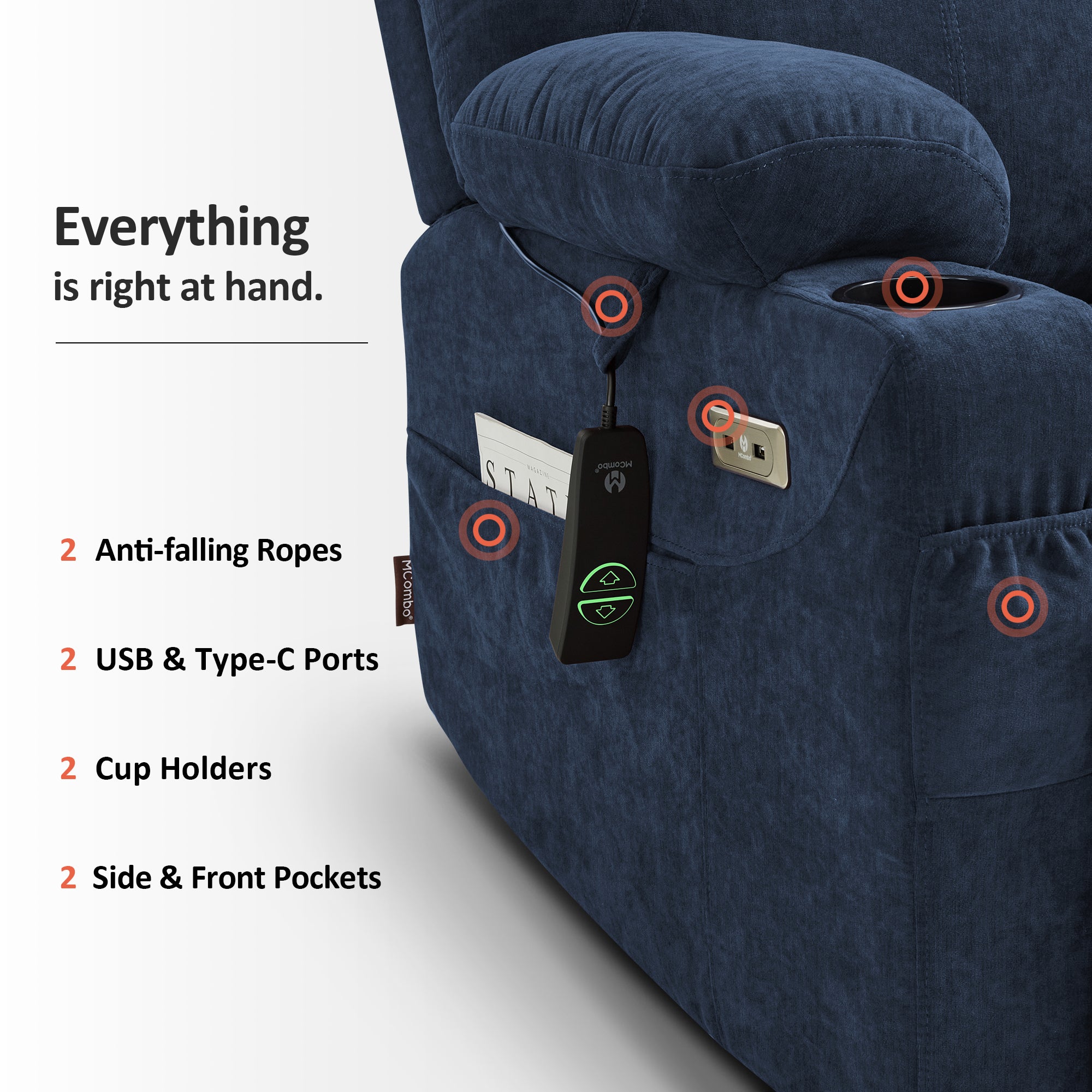Power Lift Recliner Chair for Elderly, Massage and Heat, Fabric 7040|7516|7141|R7042|R7045|R7510